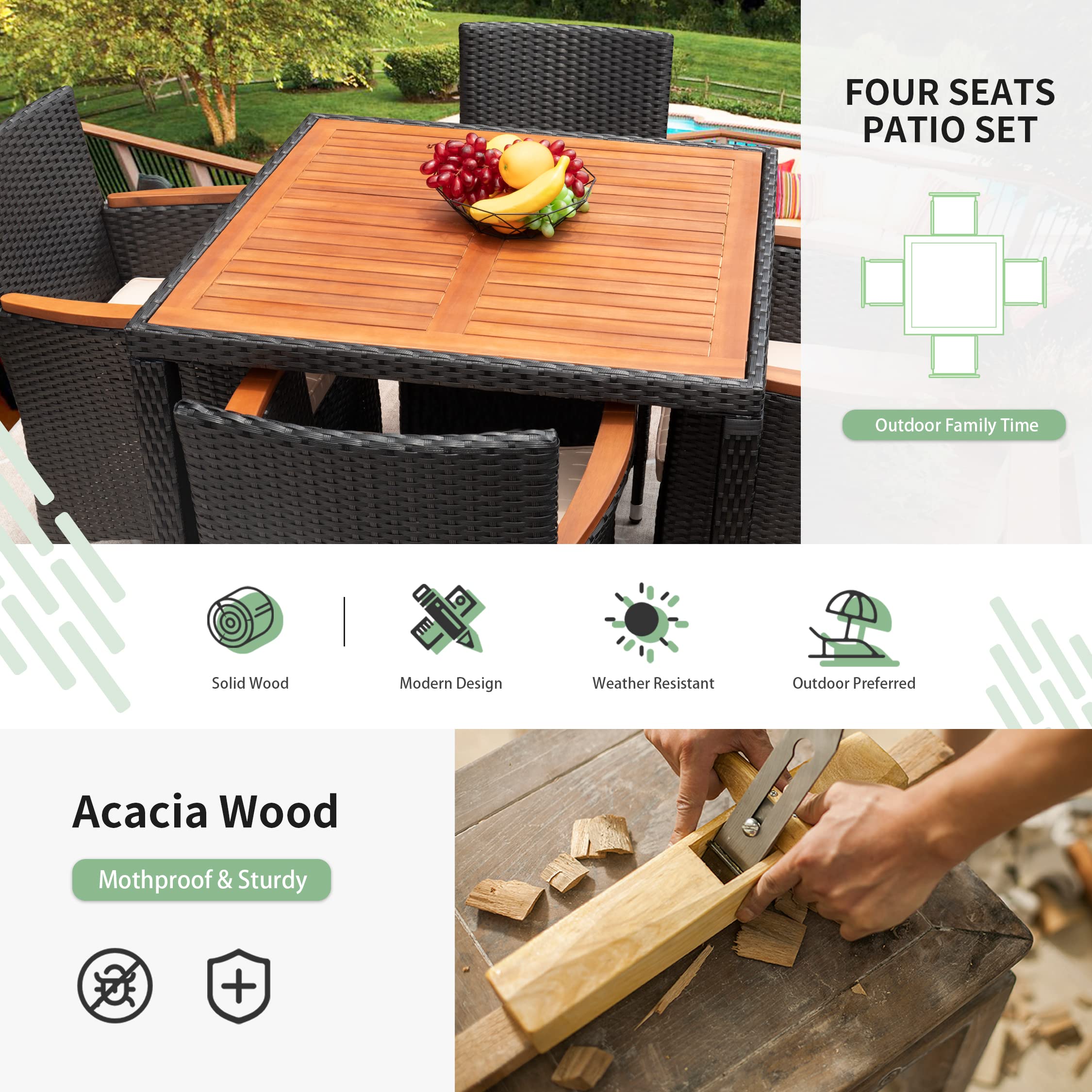 Flamaker 5-Piece Outdoor Dining Set - Acacia Wood Patio Table & Chairs with Soft Cushions, Weather-Resistant Wicker Furniture for Deck, Backyard, Garden - Perfect for Outdoor Entertaining & Relaxation