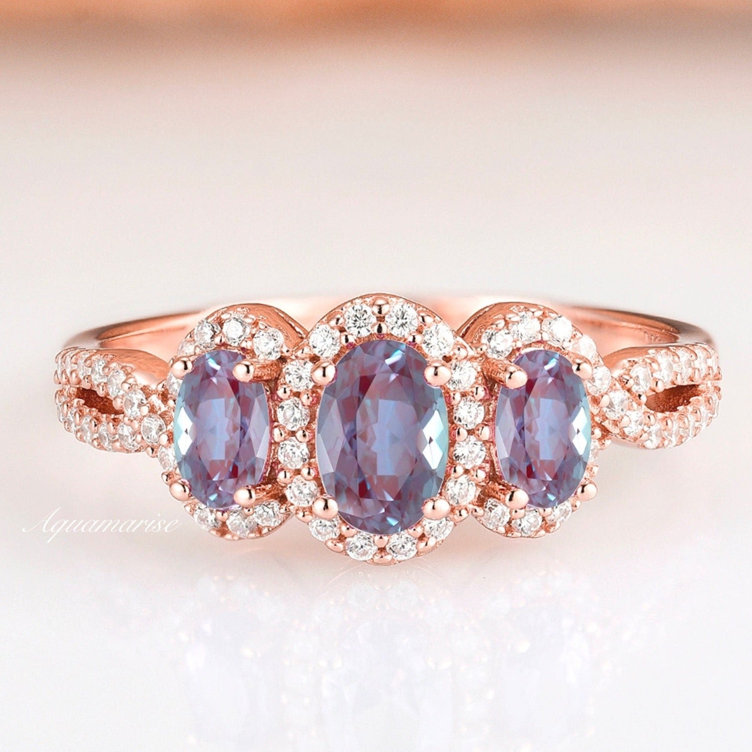 14K Rose Gold Vermeil Trio Alexandrite Ring for Women - Elegant Birthstone Jewelry Gift for Anniversary, Engagement & Special Occasions