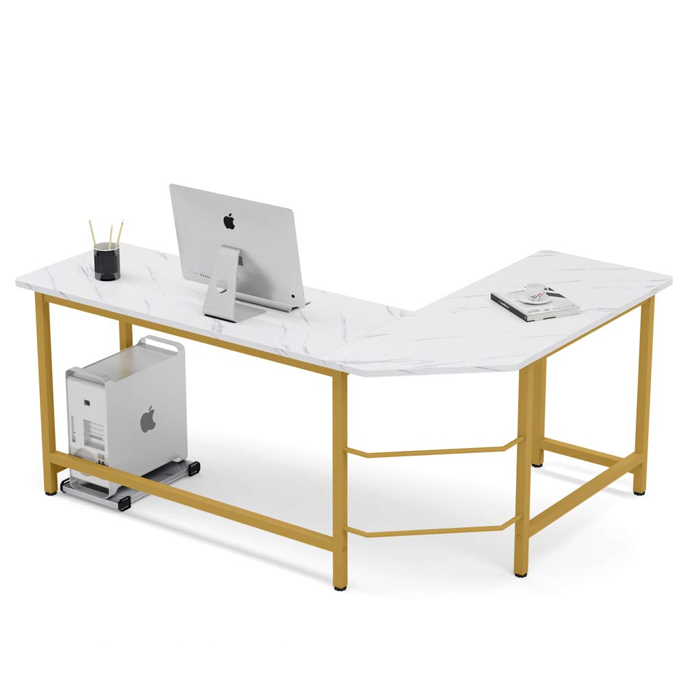 Tribesigns 66 Inch Modern L-Shaped Corner Desk - White Faux Marble & Gold Metal Frame Computer Workstation for Home Office, Gaming & Study | Perfect for Small Spaces & Multi-Monitor Setups