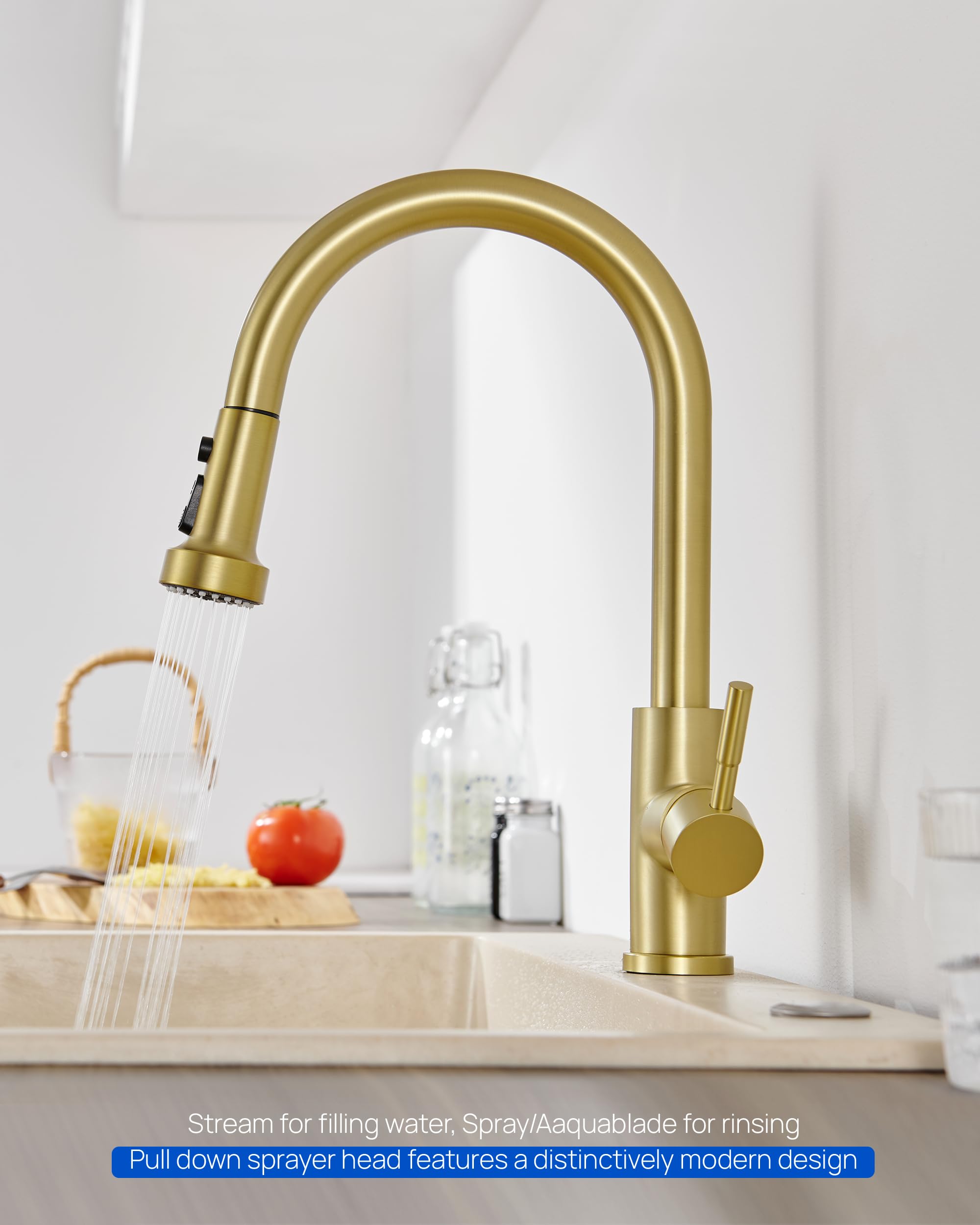 3-Function Pull Down Kitchen Faucet Sprayer Head Replacement with 15 Adapters - Brushed Gold Nozzle for Sink Sprayer, Hose & Tap Spout | Perfect for Kitchen Renovation, Dishwashing & Food Prep