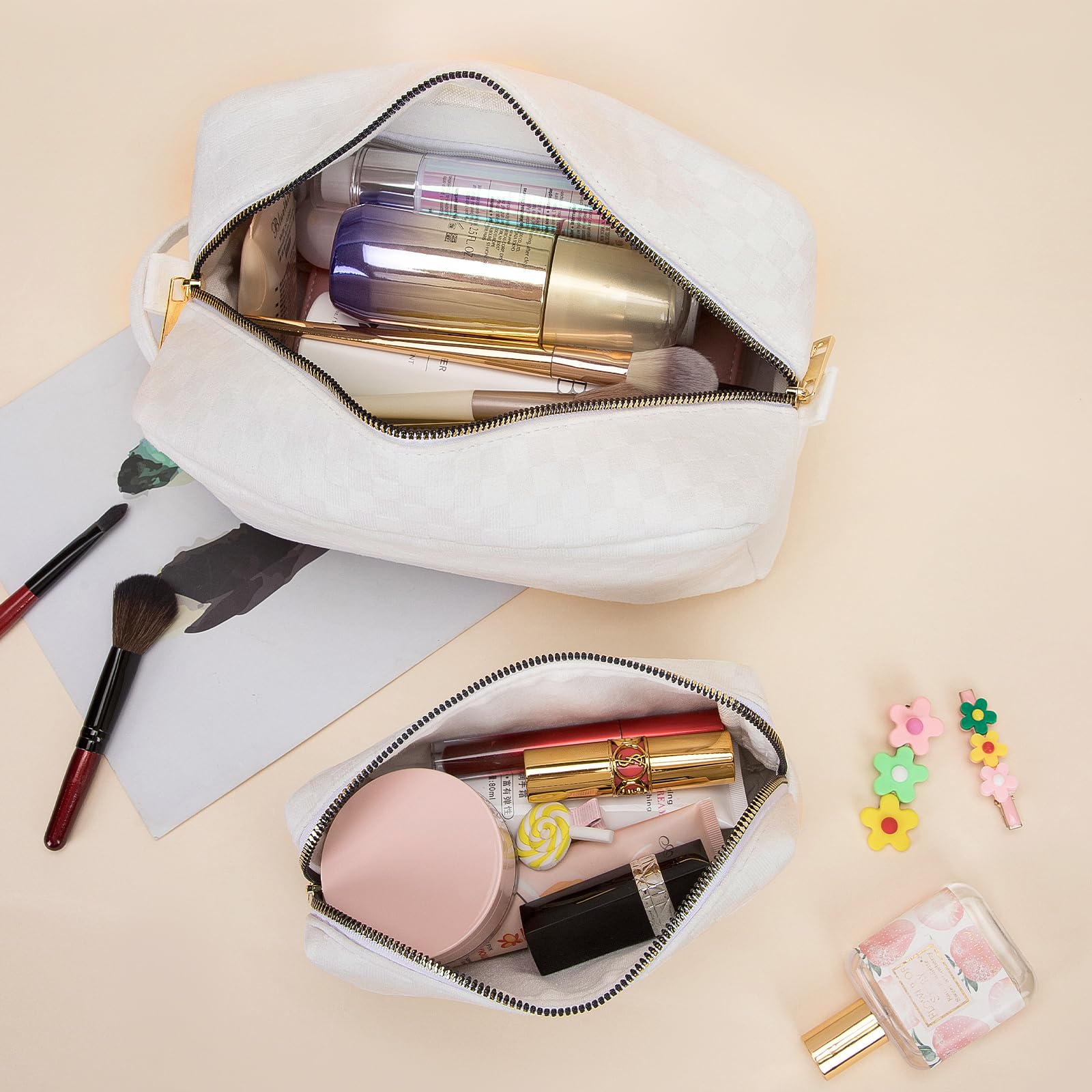 2 Pack Large Checkered Makeup Bag for Women - Waterproof Cosmetic Organizer with Travel Toiletry Case & Brush Holder - Perfect for Travel, Gym, and Daily Essentials Storage (Beige)