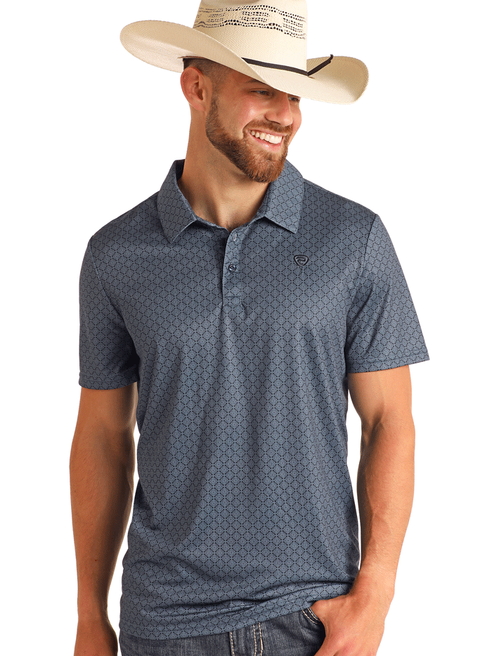 Men's Rock & Roll Denim Geo Printed Polo Shirt - Navy Blue Casual Button-Up Top for Concerts, Parties & Street Style Fashion