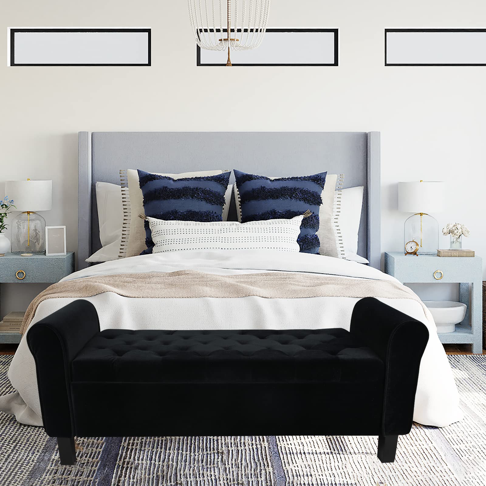 Velvet Storage Ottoman Bench with Arms - Black Button Tufted Footrest Seat for Bedroom, Entryway & Hallway | Multi-Functional Storage Bench for Living Room, Dorm & Home Decor (Black)