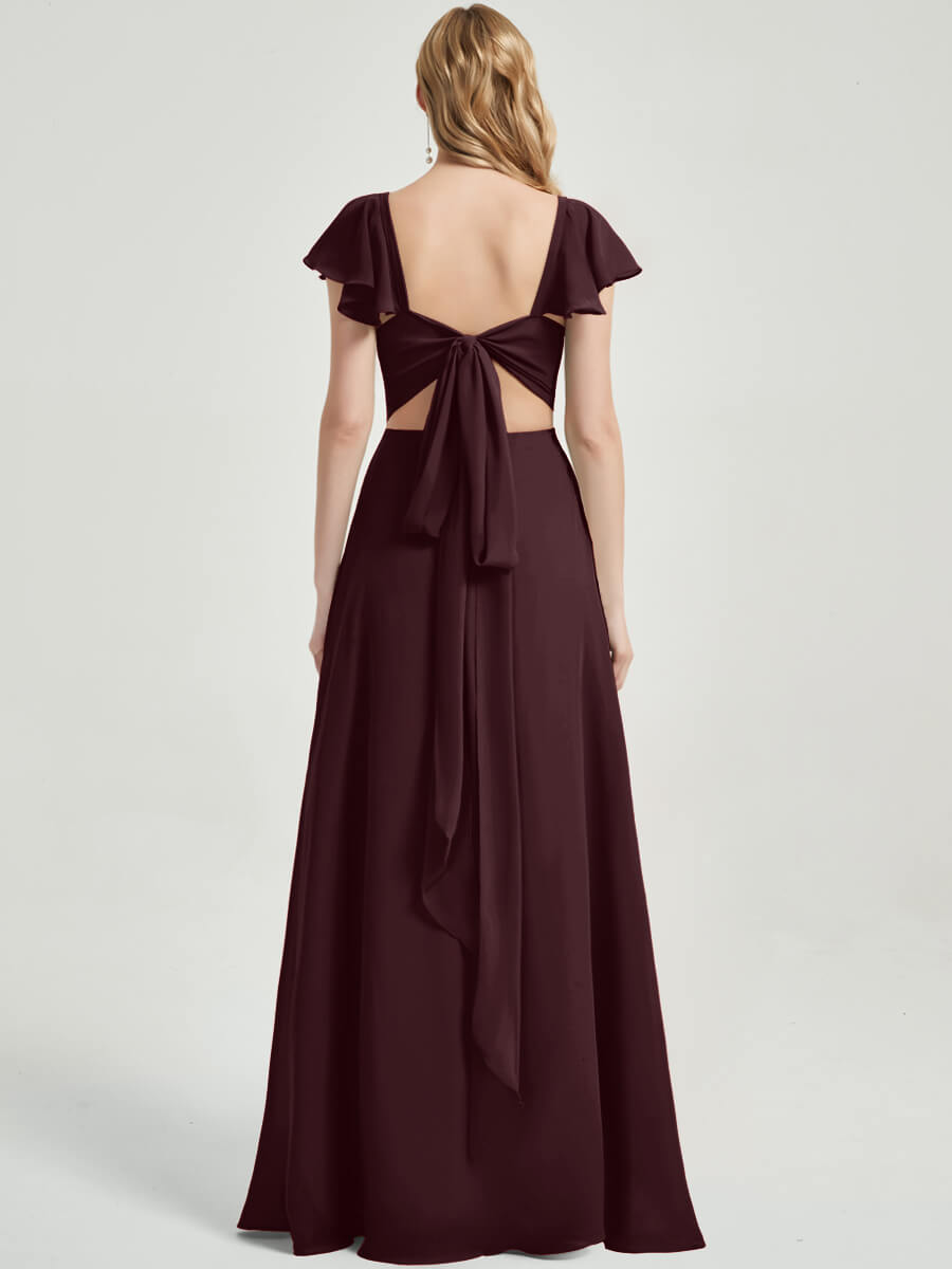 Elegant Cabernet Ruffle Cap Sleeve Maxi Chiffon Bridesmaid Dress with High Slit - Perfect for Weddings, Formal Events & Evening Parties