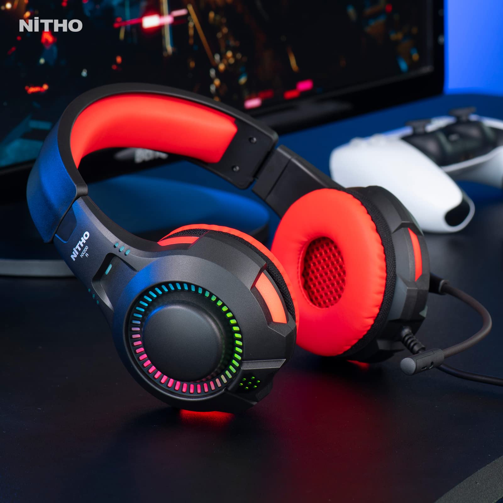 NITHO NX200 Gaming Headset for PC, PS4, PS5, Xbox, Mobile & Tablet - Stereo Surround Sound Headphones with Flip-Up Microphone, RGB Lighting (Red) - Perfect for Online Gaming, Streaming & Video Calls