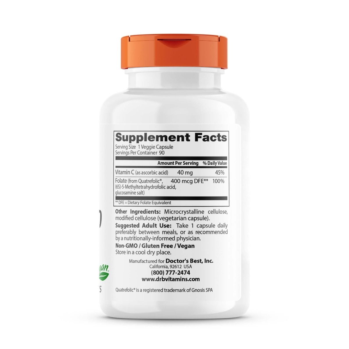 Doctor's Best Fully Active Folate 400 with Quatrefolic 400 mcg - 90 Veggie Capsules for Optimal Cellular Health & Pregnancy Support | Bioavailable B9 Vitamin Supplement for Women & Men