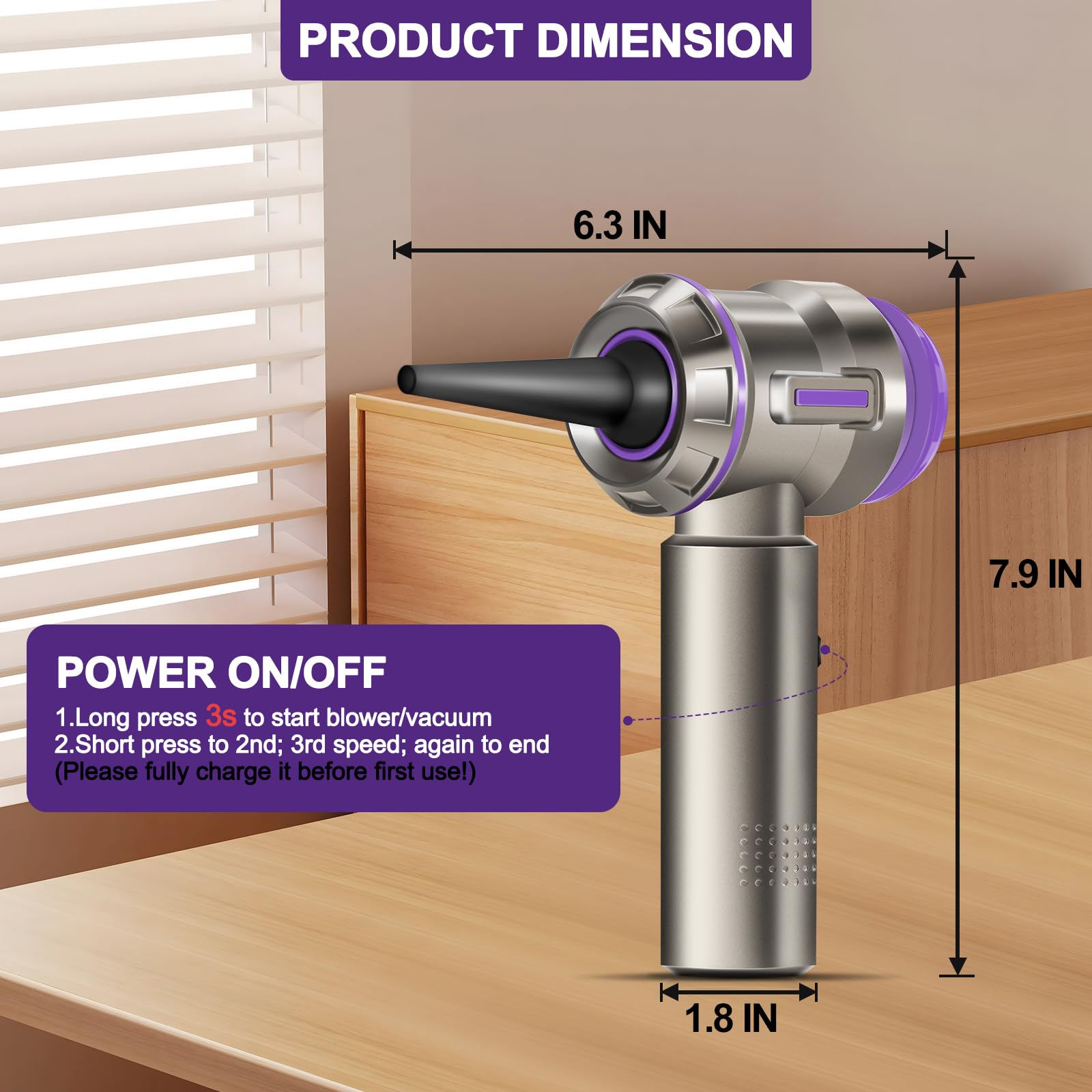 PeroBuno 200,000RPM Electric Air Duster for PC Cleaning - 2-in-1 Compressed Air Blower & Mini Vacuum with Brushless Motor, 3 Speed Settings, 35 Min Runtime, Rechargeable Battery - Perfect for Keyboard, Electronics, Camera Lens & Home Office Cleaning