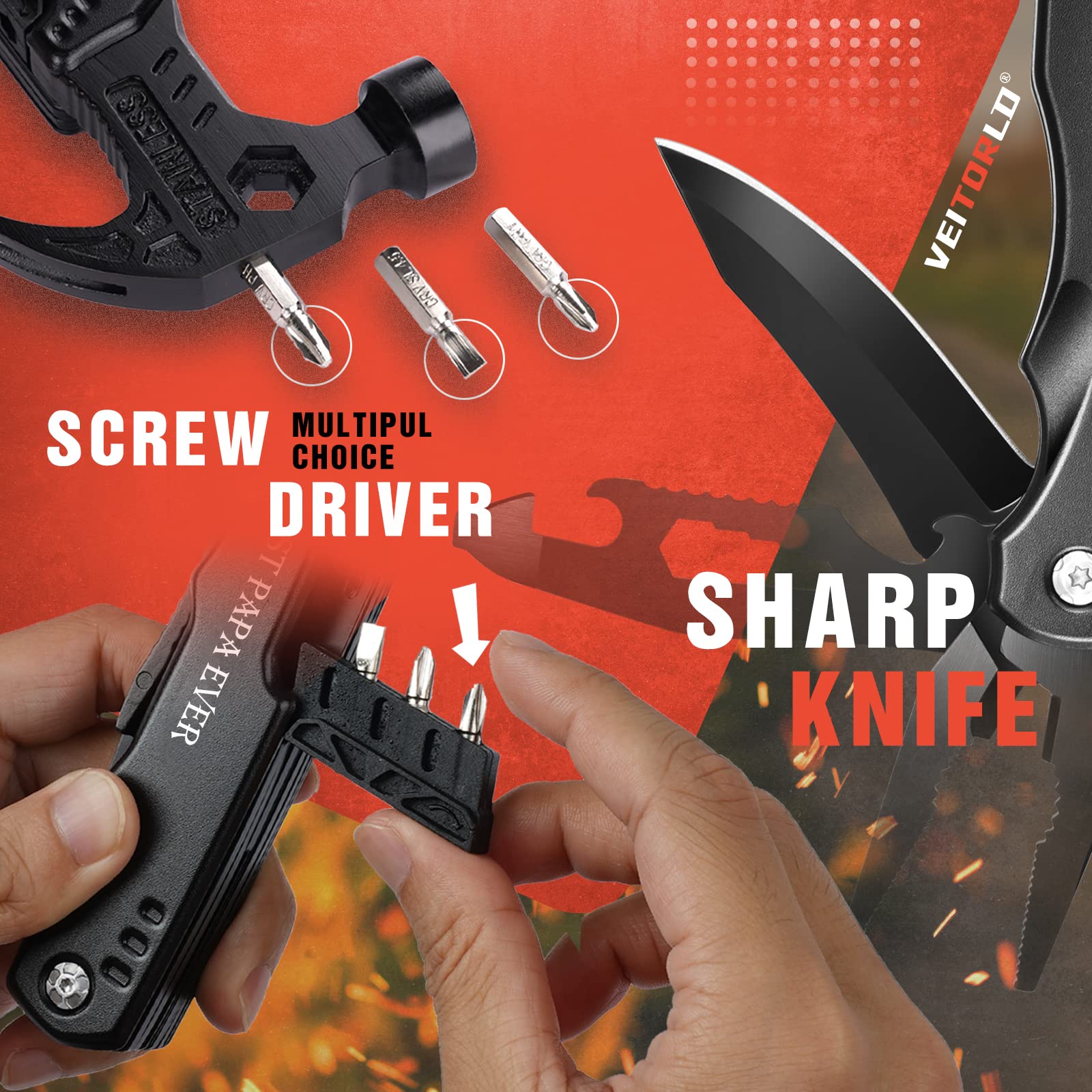 VEITORLD All-in-One Hammer Multitool - Best Birthday Gift for Dad, Grandpa, Father's Day Present from Kids & Grandchildren - Durable Camping Accessories & Outdoor Gadgets (Perfect for DIY Projects, Hiking, and Home Repairs)