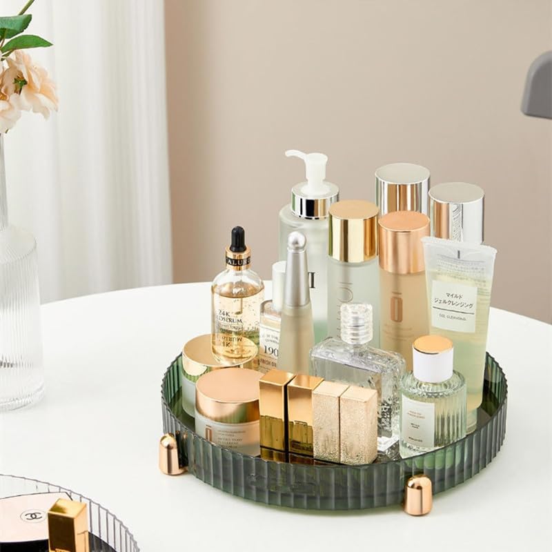 360° Rotating Makeup Organizer - Dark Green Vanity Tray for Bathroom & Dresser