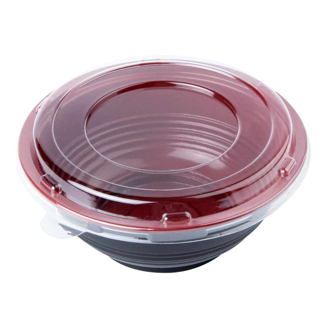 Restaurantware 18oz Disposable Food Containers - 200 Pack Salad Bowls with Lids, Microwave Safe Black & Red Plastic To-Go Bowls | Perfect for Asian Cuisine, Picnics, Takeout, Catering & Meal Prep