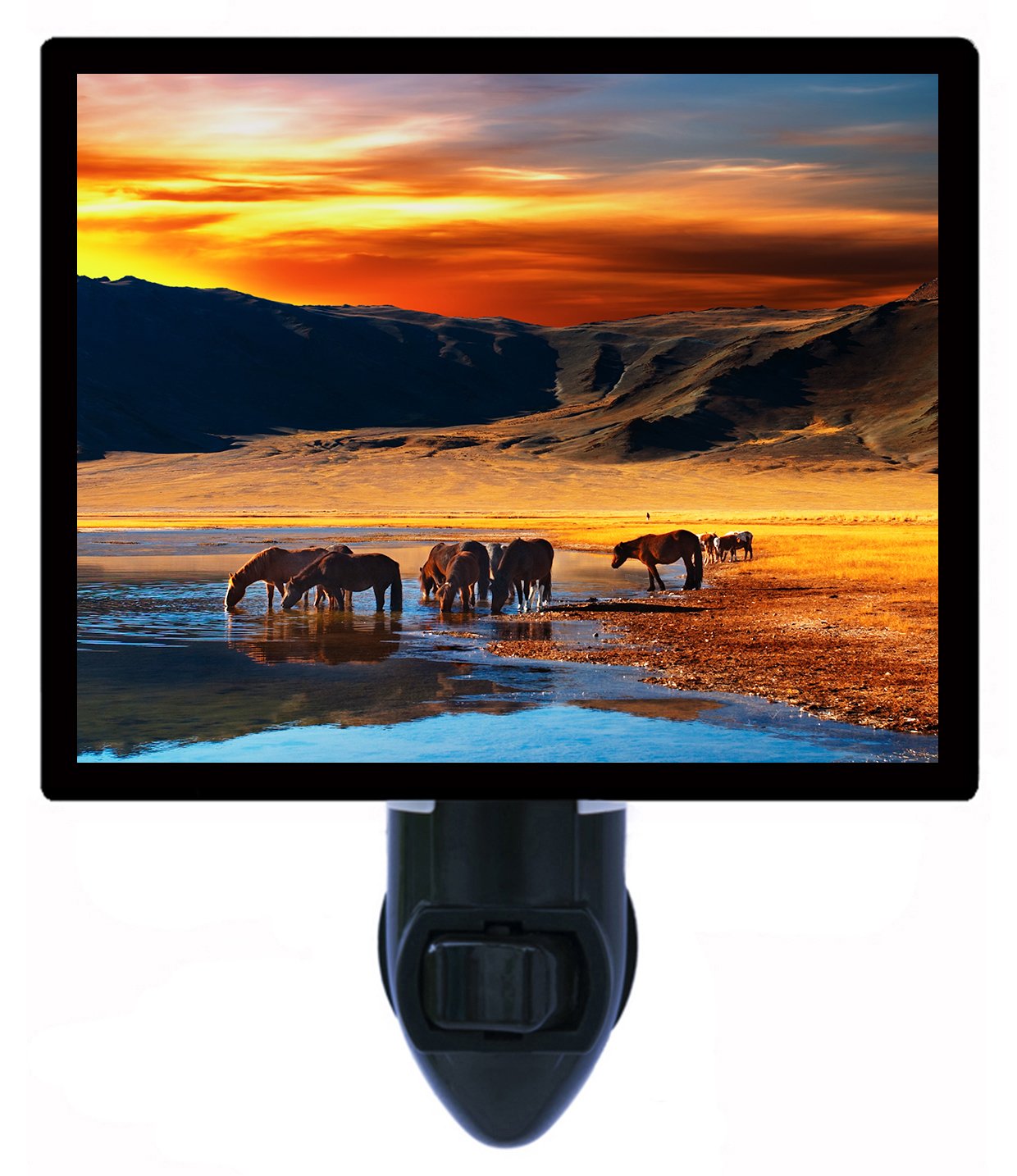 Western Landscape LED Night Light - Animas Drinking Horses Grazing Scene for Bedroom, Nursery, or Home Decor