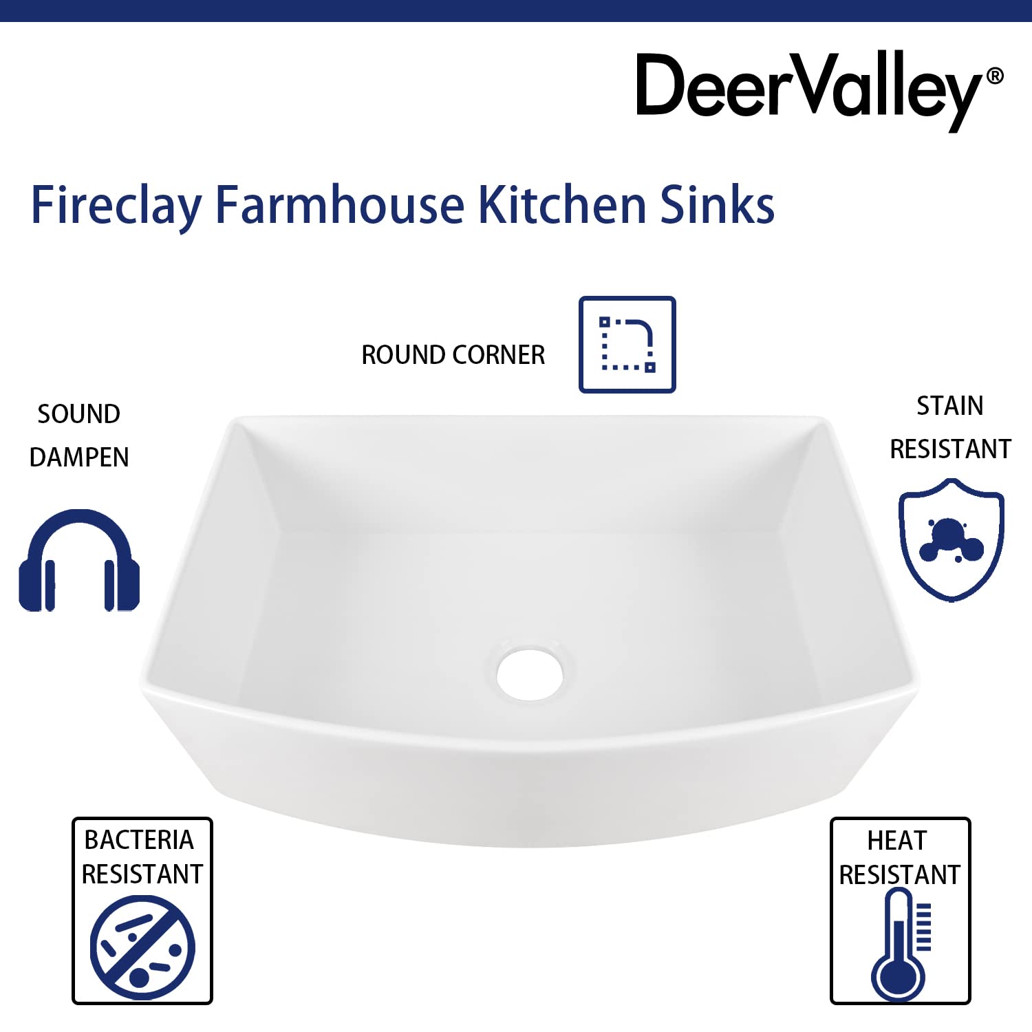 DeerValley 33'' White Farmhouse Apron Kitchen Sink - Fireclay Single Bowl with Arch Edge, Bottom Grid & Strainer | Perfect for Rustic & Modern Farmhouse Kitchens (Model DV-1K516)