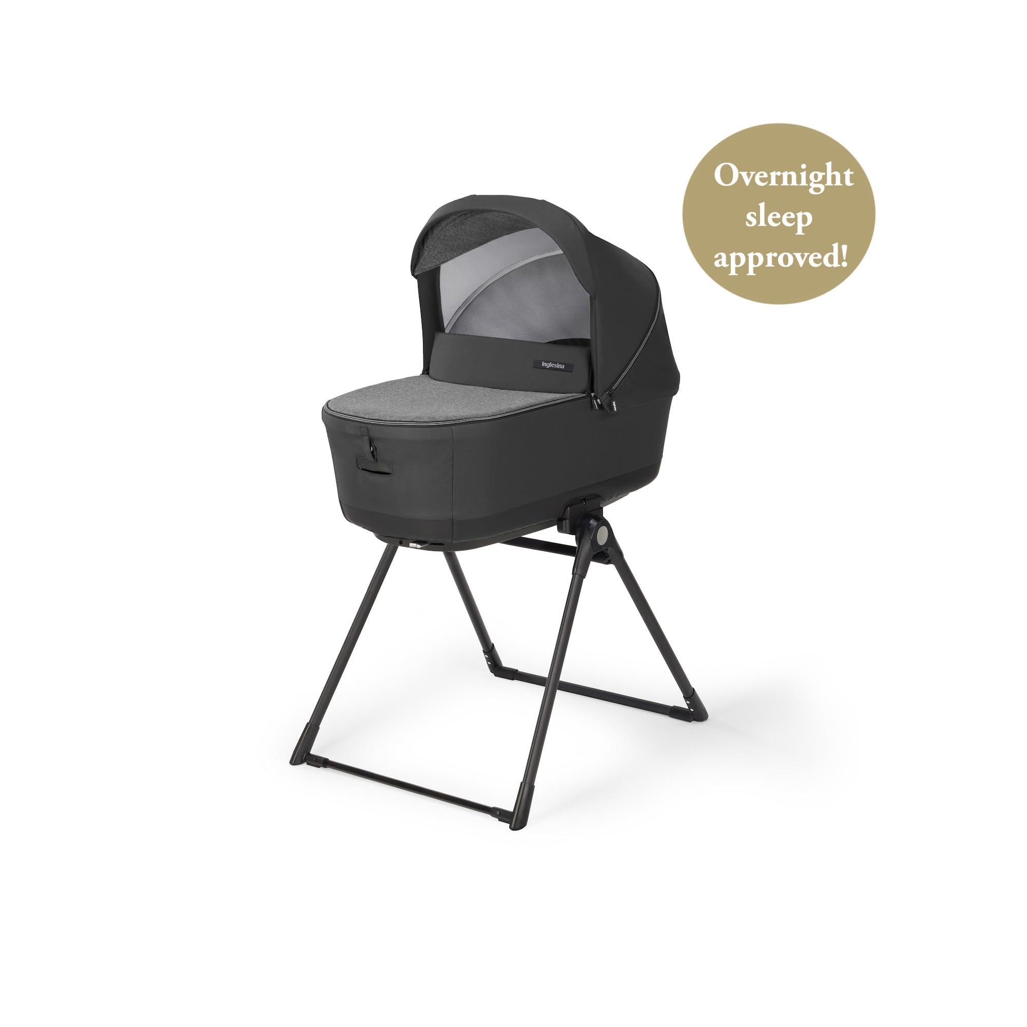 Inglesina Electa Bassinet with Stand for Newborns & Babies up to 6 Months - Breathable Mesh Ventilation System with Canopy & Cover - Compatible with Electa Stroller - Upper Black - Perfect for Overnight Sleeping, Nursery Use & Travel