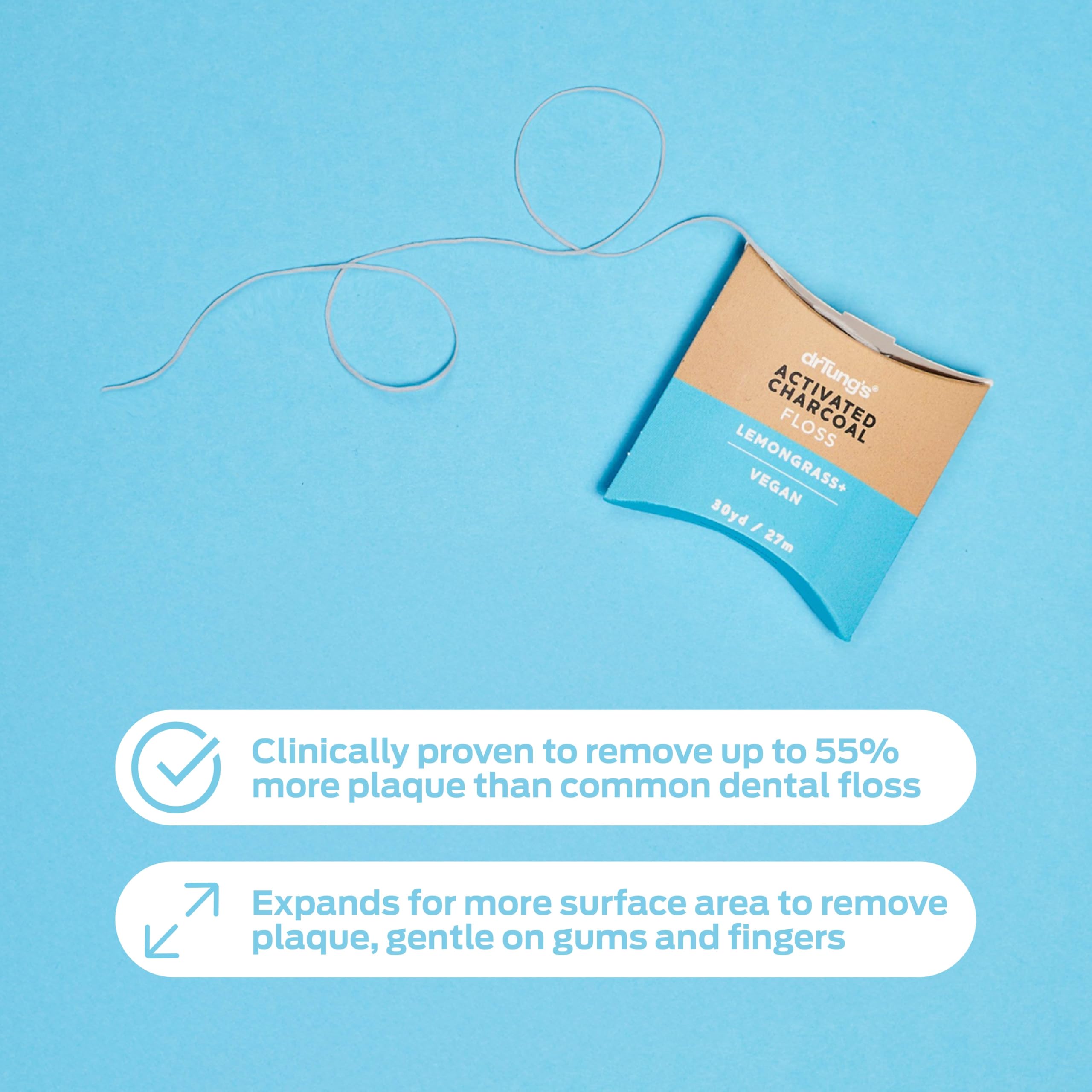 DrTung's Vegan Activated Charcoal Dental Floss - Natural Expanding Floss for Sensitive Gums, PTFE & PFAS Free, BPA Free, Lemongrass Flavor (6 Pack) | Gentle Teeth Cleaning & Plaque Removal for Healthy Smile