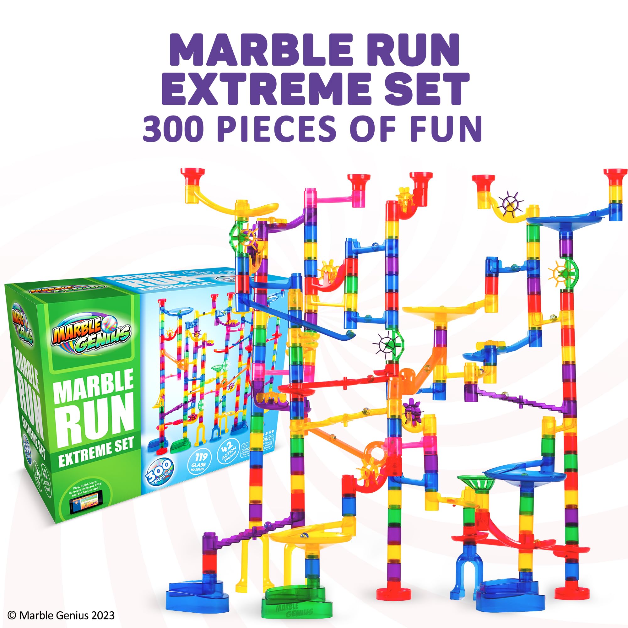 Marble Genius Marble Run Extreme Set - 300 Piece Marble Maze Track for Kids, Teens & Adults (181 Translucent Marbulous Pieces + 119 Glass Marbles) | STEM Educational Toy for Ages 4-8 | Perfect for Birthday Gifts, Classroom Activities & Family Game Night