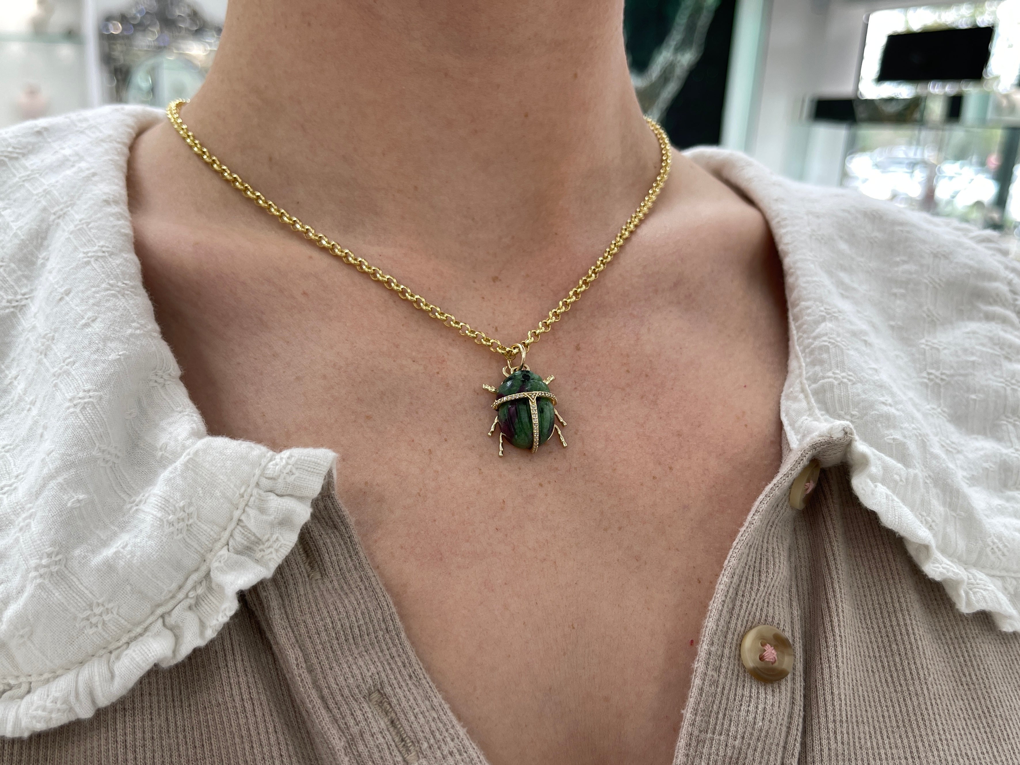 14K Gold Ruby Zoisite & Diamond Scarab Pendant Necklace - Elegant Egyptian Jewelry for Women, Perfect Gift for Birthday, Anniversary & Special Occasions