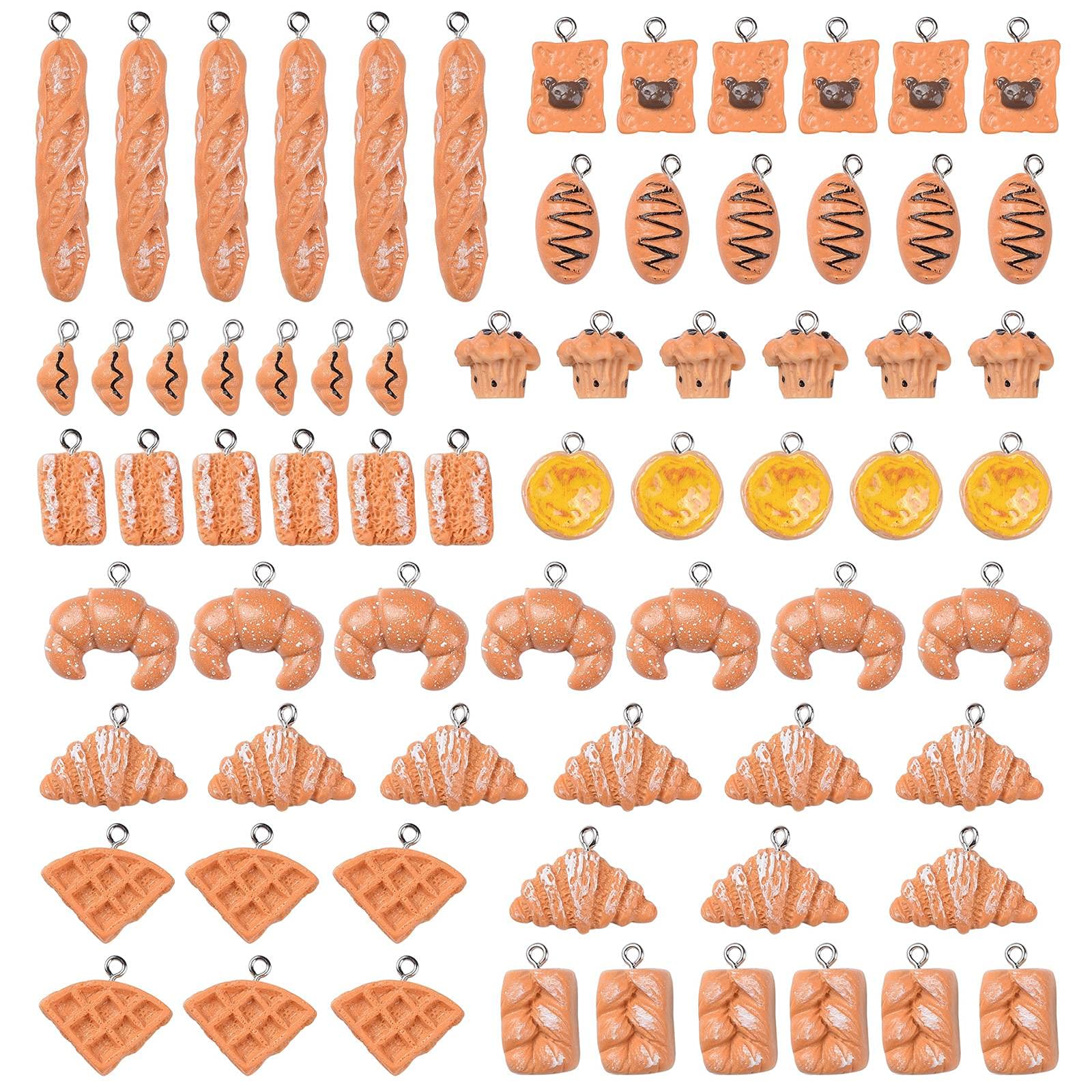 FASHEWELRY 22Pcs Resin Food Charms - 3D Croissant Bread Toast Pendants for DIY Jewelry, Earrings & Keychains - Perfect for Crafting, Gift Making and Kawaii Accessories