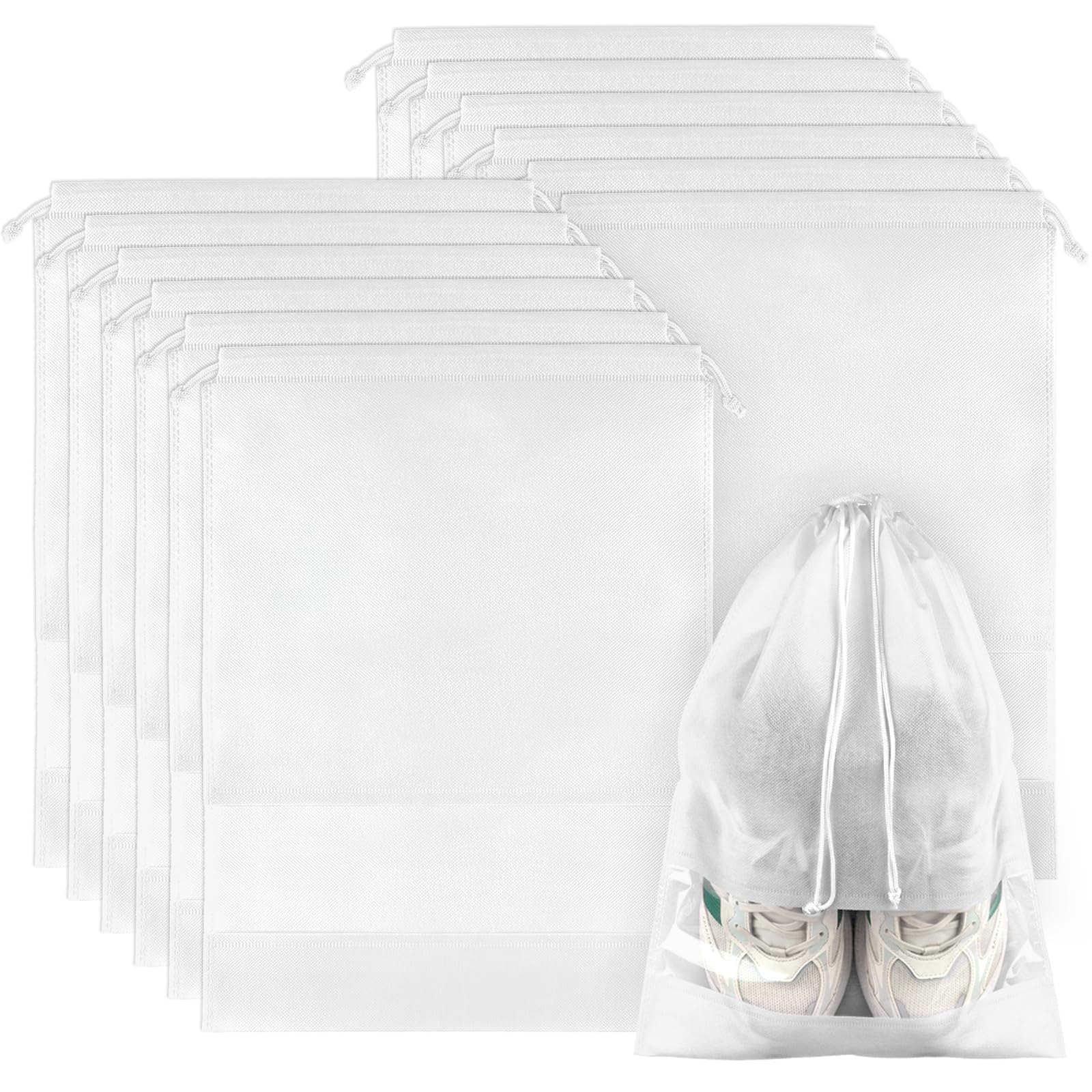 12 Pack Large Clear Window Shoe Bags for Travel - Dustproof Drawstring Shoe Storage Organizers for Men & Women (White) - Perfect for Packing Shoes, Gym Bags & Suitcase Organization