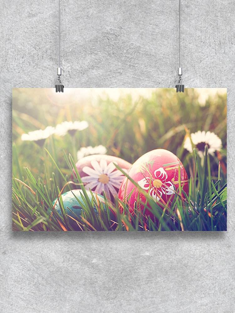 Smartprints Easter Eggs and Daisies Wall Art Poster - Spring Home Decor, Easter Party Supplies, Nursery Room Decoration