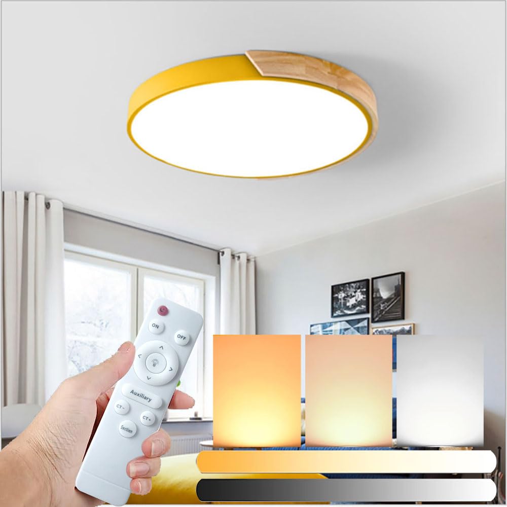 Liudefa 24 Inch LED Ceiling Light Fixture - Modern Wood Recessed Dimmable Flush Mount Lighting with Remote Control (3000K-6000K, 54W) - Perfect for Living Room, Bedroom, Kitchen & Office Spaces