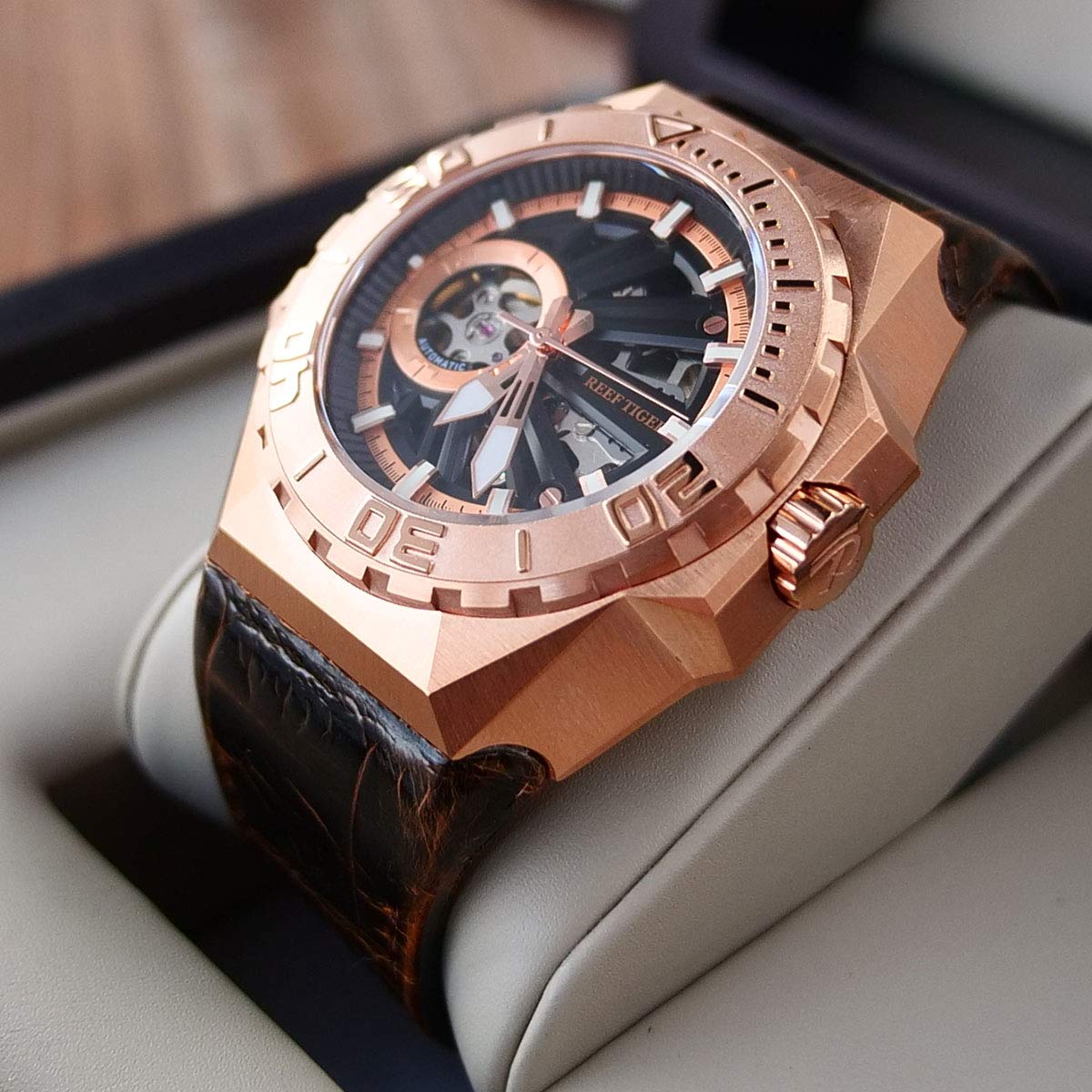 REEF TIGER Men's Skeleton Automatic Diving Watch - Military Style Mechanical Watch with Leather Strap RGA6903-S - Perfect for Scuba Diving, Outdoor Adventures & Formal Occasions