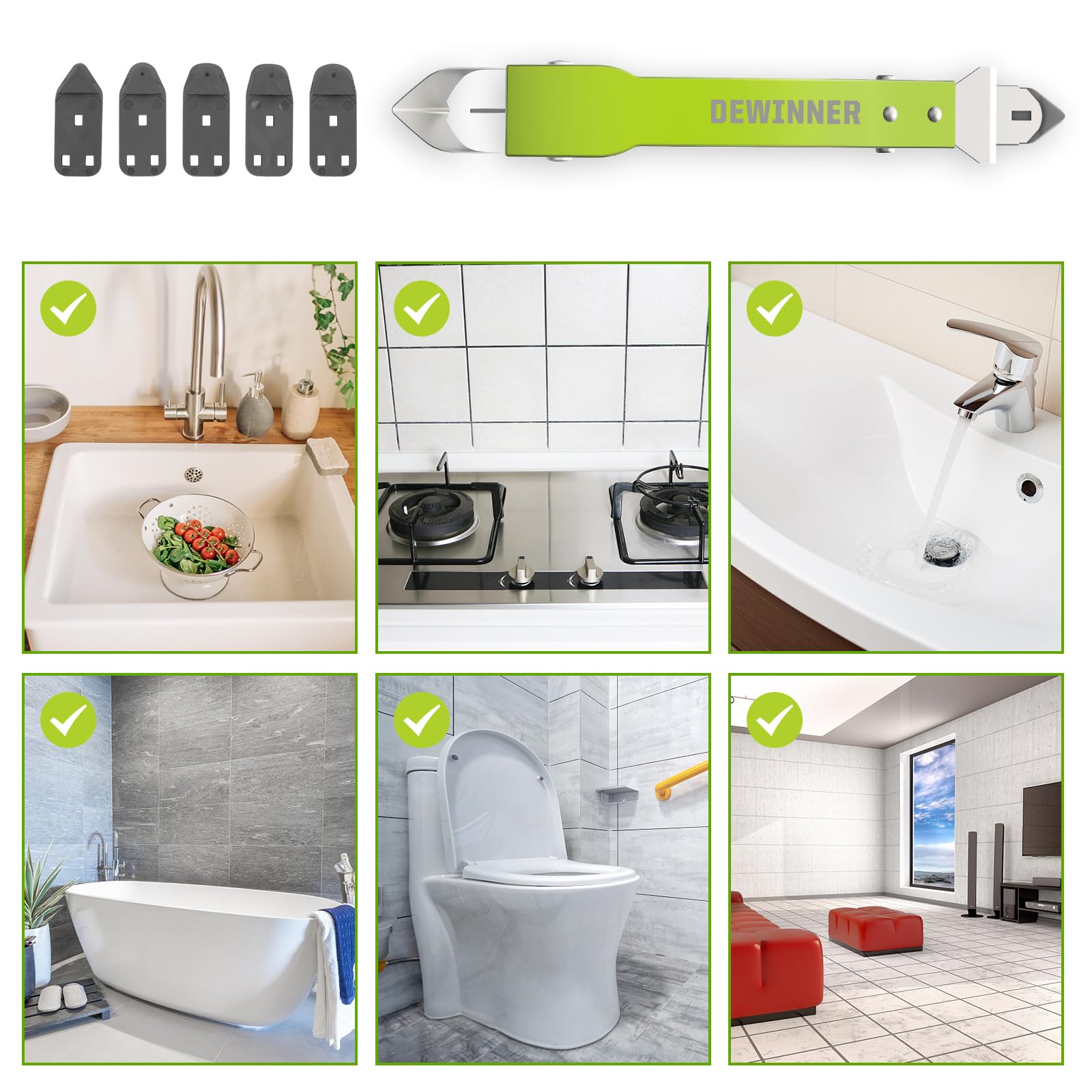 DEWINNER 4 in 1 Stainless Steel Caulking Tool Kit - Silicone Sealant Finisher, Grout Remover for Bathroom, Kitchen, Windows, Floors & Sinks - Professional DIY Caulking Tools for Perfect Sealing & Waterproofing