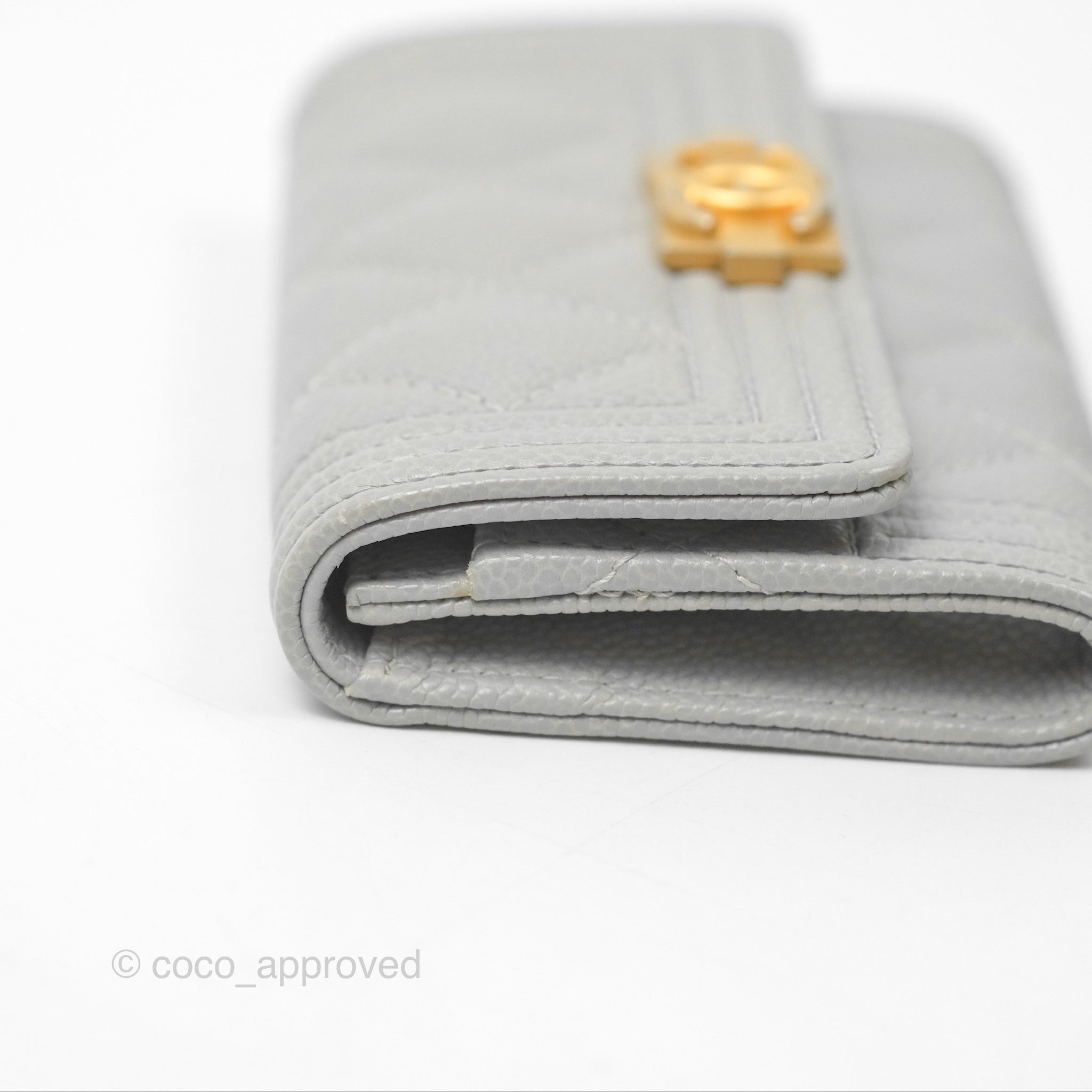 Chanel Boy Quilted Flap Card Holder Wallet in Grey Caviar Leather with Aged Gold Hardware - Perfect for Everyday Use & Luxury Gift Giving