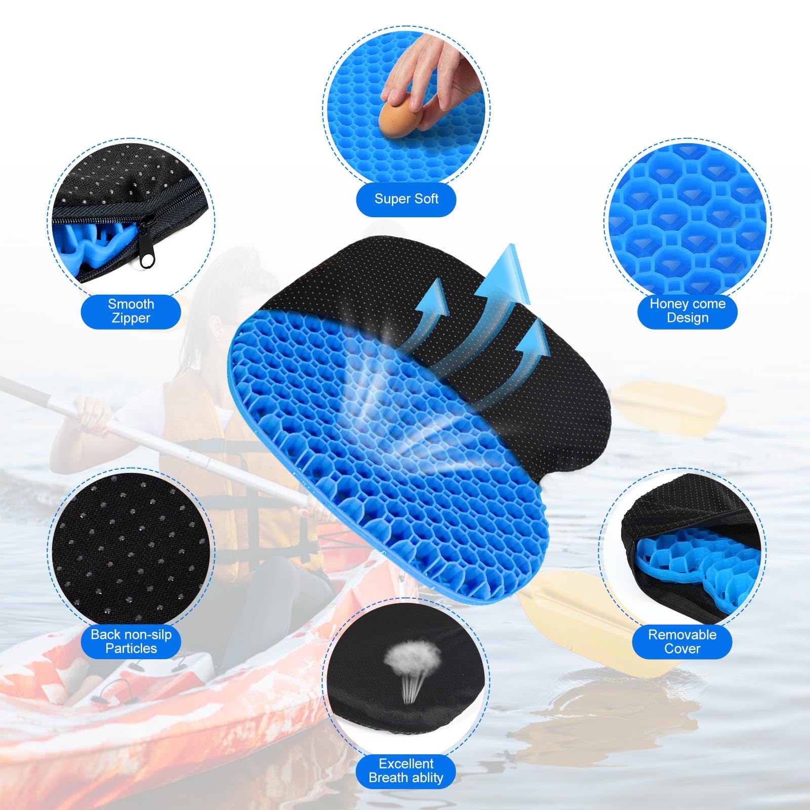 Anti-Slip Kayak Seat Cushion - Thick Waterproof Gel Kayak Seat Pad with Non-Slip Cover for Sit-In & Inflatable Kayaks, Canoes, Boats - Comfortable Fishing Kayak Accessories for Outdoor Water Sports & Adventure