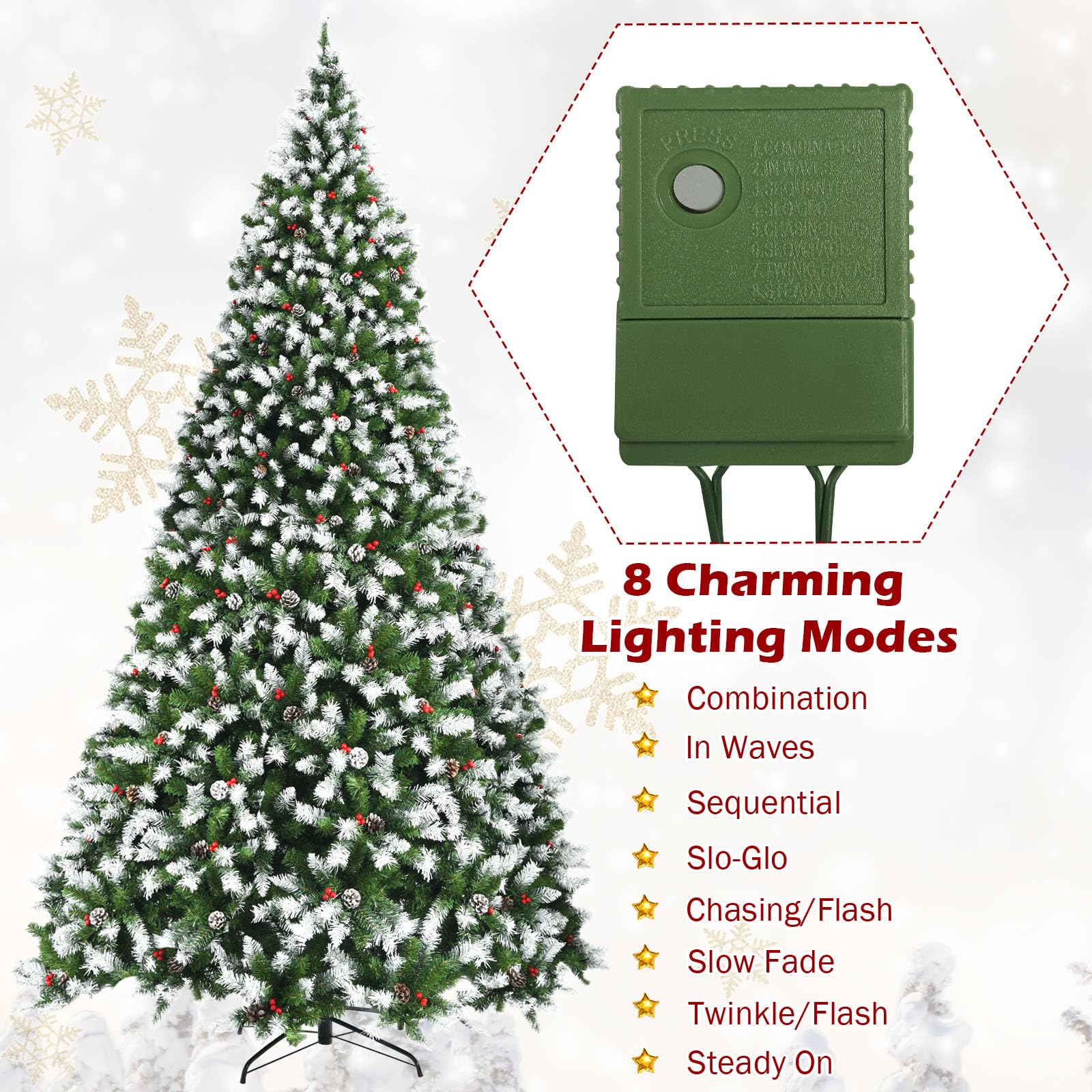 Goplus 9ft Pre-lit Artificial Christmas Tree with Snow Flocked Branches, Pine Cones & Red Berries - 900 Warm White LED Lights, 8 Lighting Modes for Indoor Holiday Decor - Perfect for Living Room, Office & Christmas Party Decoration