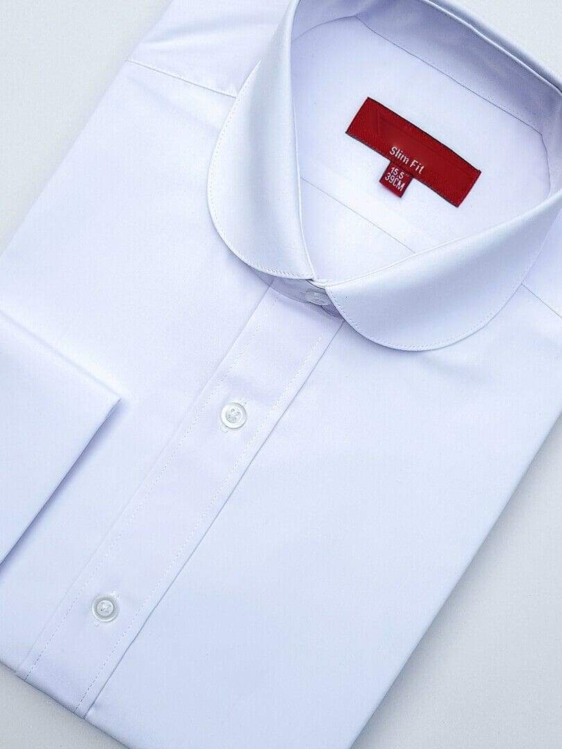 Colin Ross Men's White Penny Round Collar Double Cuff Dress Shirt - Formal Office Wear & Business Casual Attire