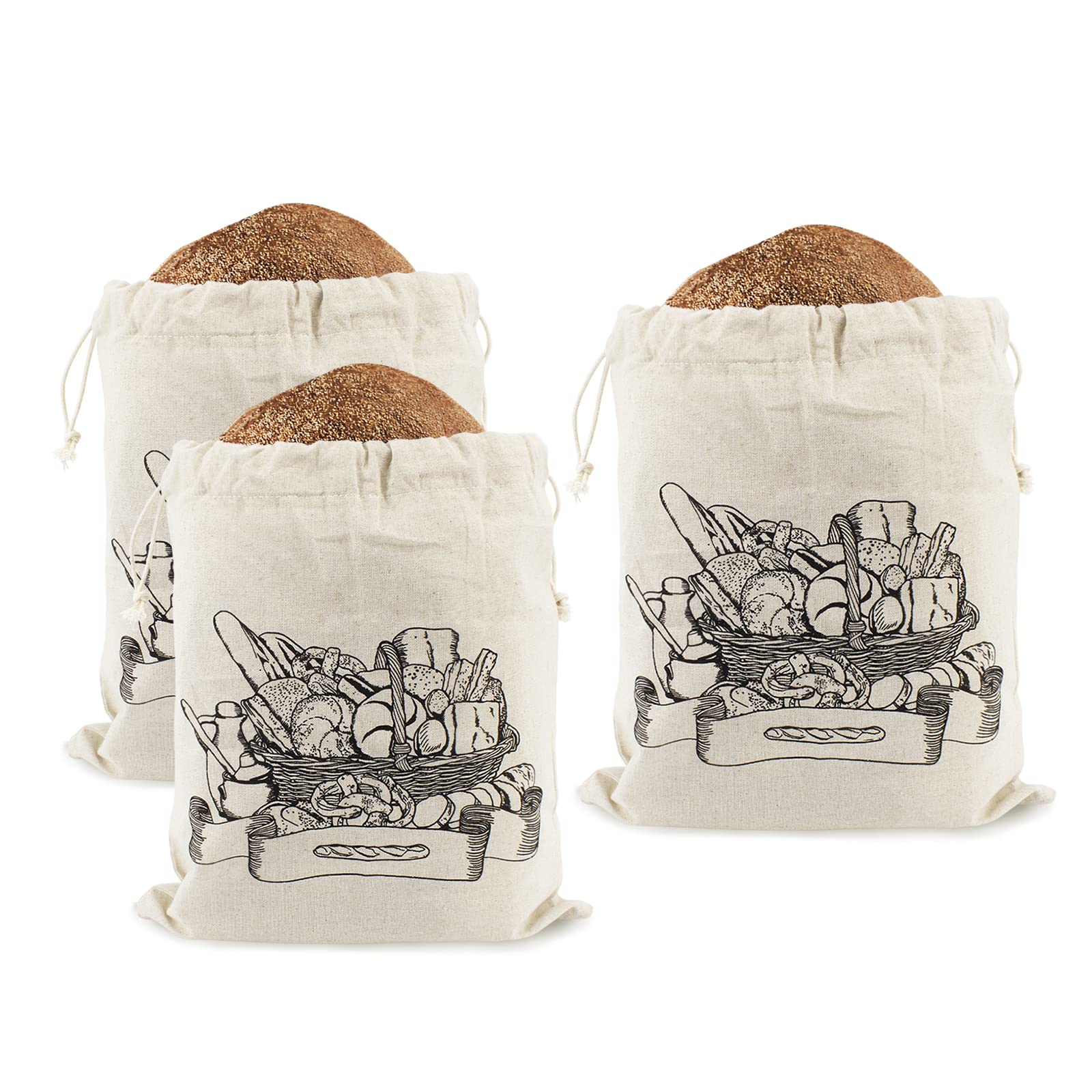 Organic Linen Bread Bags 3-Pack - Unbleached Natural Fabric Loaf Storage for Artisan & Homemade Bread - Large & XL Reusable Drawstring Bread Bags (3 Squares) - Perfect for Bakery, Kitchen Storage & Eco-Friendly Gifts