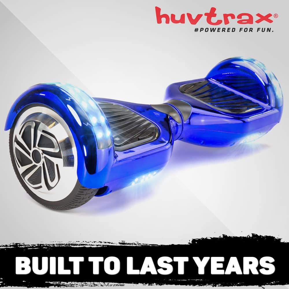 Blue Chrome Hoverboard - 2X Ride Time with Durable Aluminum Wheels | Latest Model for Kids & Adults up to 220lbs | Bluetooth, LED Lights & Carrying Case Included | Perfect for Commuting, Outdoor Fun & Gifts
