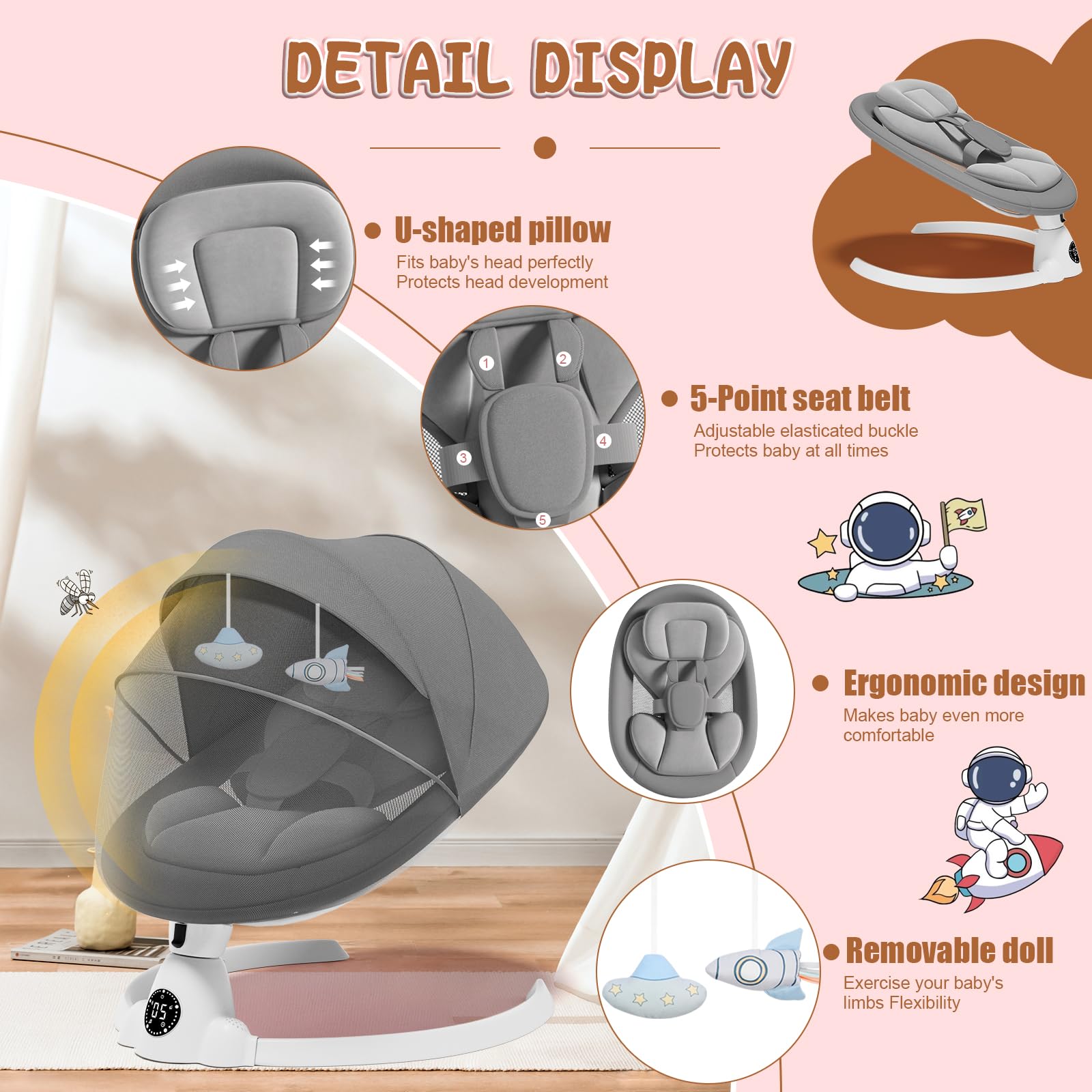 Electric Baby Swing for Infants to Toddlers - Remote Control & Bluetooth Music with 10 Preset Lullabies - Gray - Perfect for Nursery, Bedtime Soothing & Hands-Free Parenting