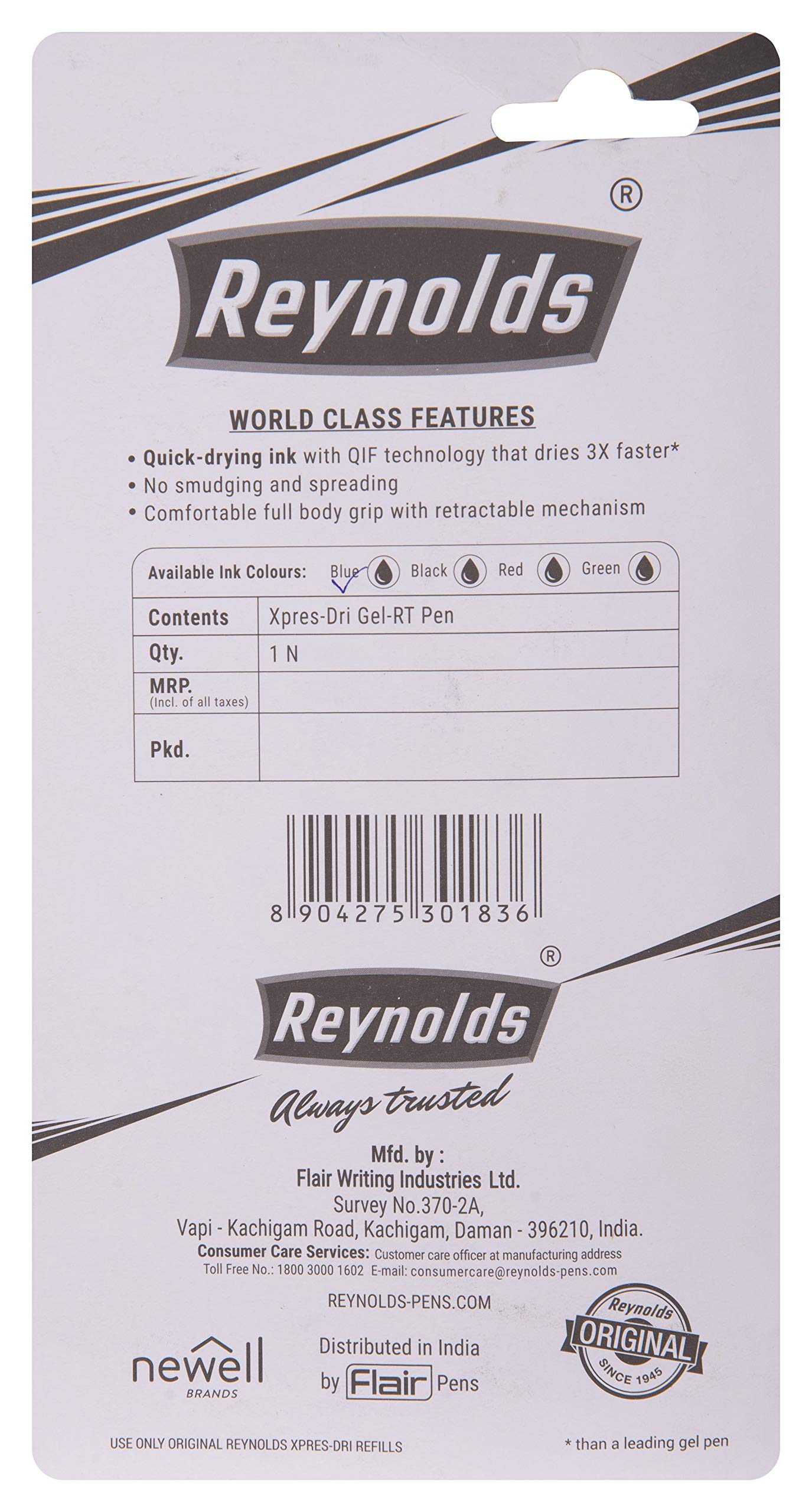 Reynolds Xpres-Dri Gel-RT Pen - 0.5mm Fine Point Blue Ink Pens (5-Pack) - Smooth Writing for Office, School & Note Taking