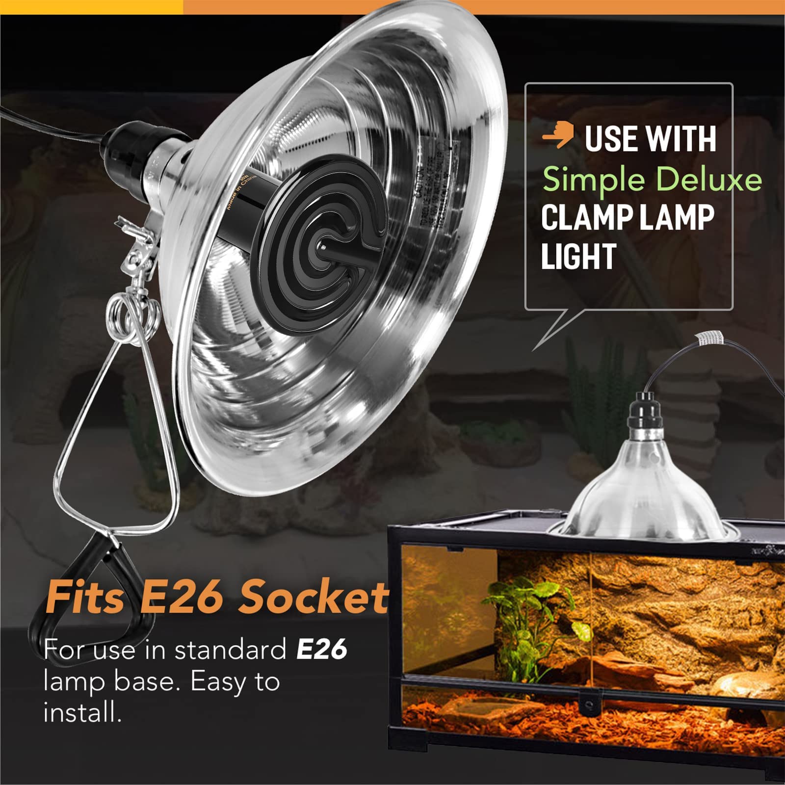 Simple Deluxe Reptile Heat Lamp Bulb - Ceramic Heat Emitter 40W/60W/100W/150W/250W - No Light Brooder Coop Heater for Amphibian Pets, Chicken Incubation & Reptile Tanks - Ideal for Terrariums, Vivariums & Poultry Farms