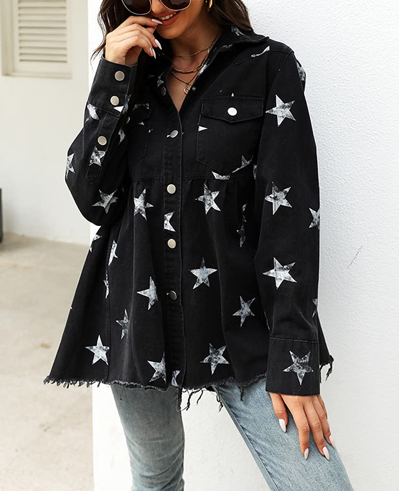 Chouyatou Women's Distressed Denim Jacket with Raw Hem & Star Print - Mid-Length Peplum Style for Casual Outfits, Perfect for Spring Layering and Streetwear Fashion