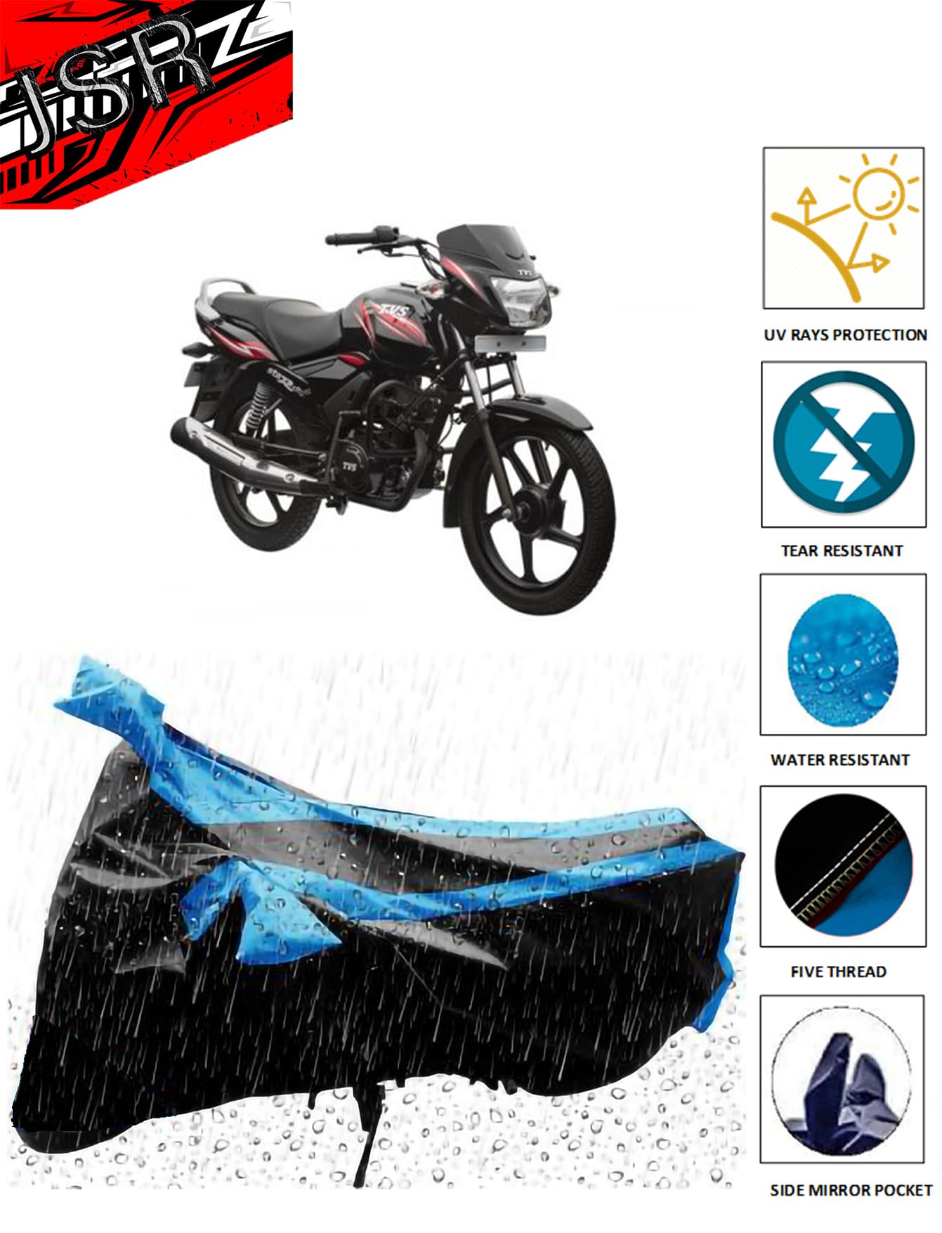 JSR Waterproof Bike/Scooty Cover for TVS Star City Plus with Side Mirror Pocket - Durable Motorcycle Cover for Outdoor Protection - Perfect for Parking, Rainy Weather & Long-Term Storage