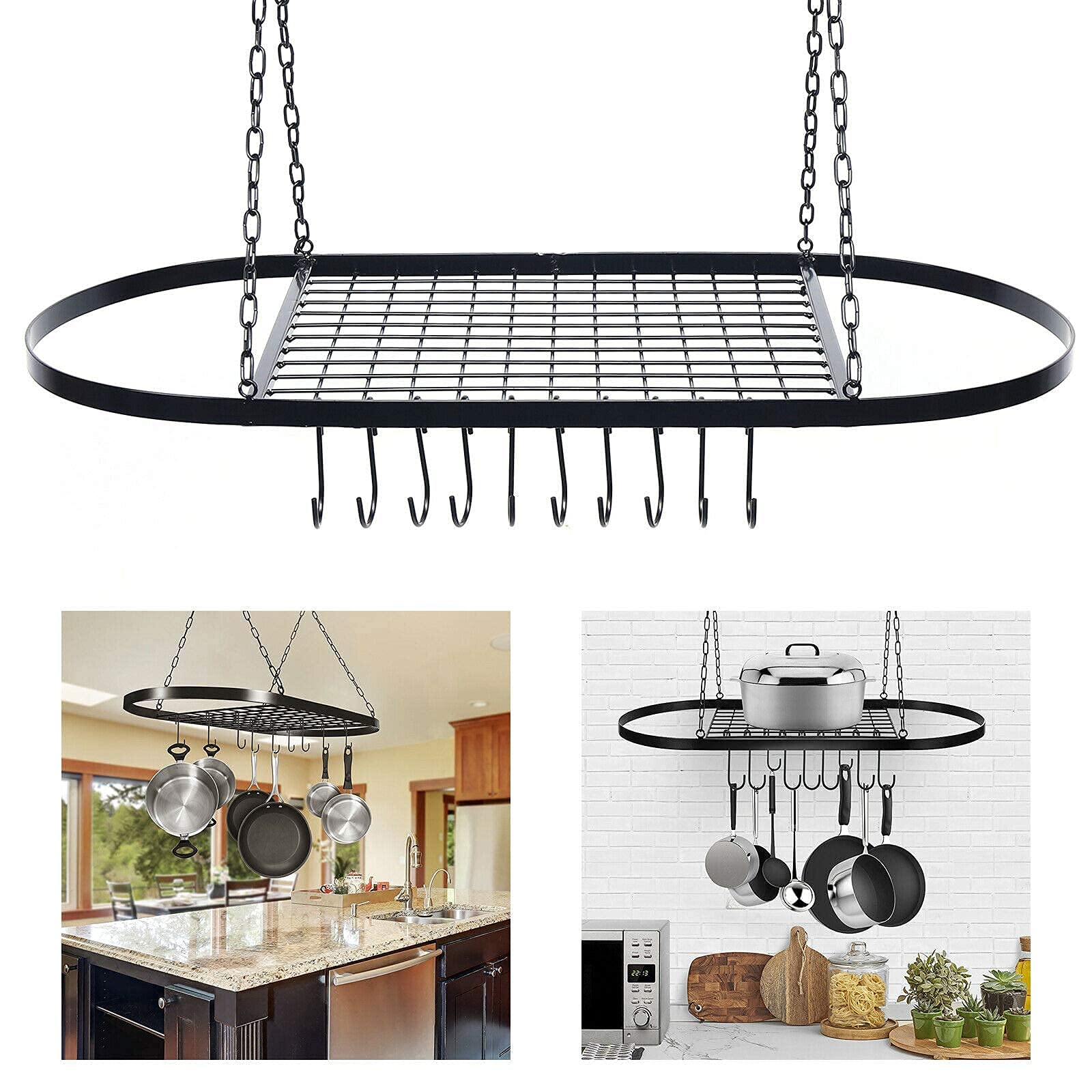 Sturdy Ceiling Mount Hanging Pot Rack with Hooks - Oval Decorative Kitchen Organizer for Cookware & Utensils Storage - Perfect for Home, Restaurant & Commercial Kitchens - Space-Saving Solution for Pots, Pans & Cooking Tools