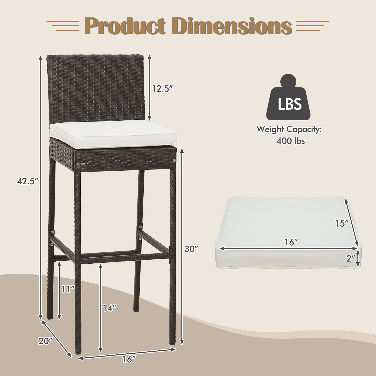 RELAX4LIFE Outdoor Bar Stools Set of 4 - Wicker Rattan Patio Barstools with Backrest, Footrest & Seat Cushions - Heavy Duty 400LBS Capacity Metal Frame Counter Height Stools (30 Inch, Mix Brown) - Perfect for Backyard, Deck, Poolside & Outdoor Dining Areas