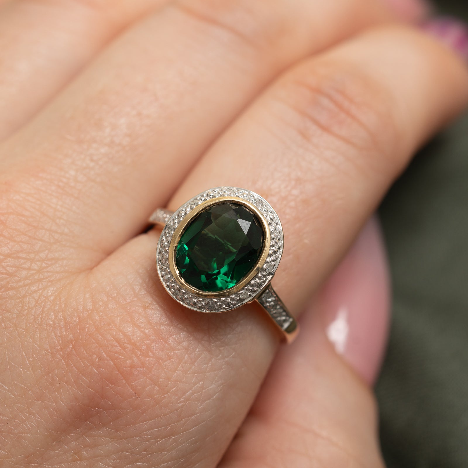 3.20ct Synthetic Emerald & Diamond Halo Ring - 0.07ctw Total Diamond Weight - Size 9.5 - Elegant Engagement, Wedding or Anniversary Jewelry Gift for Women