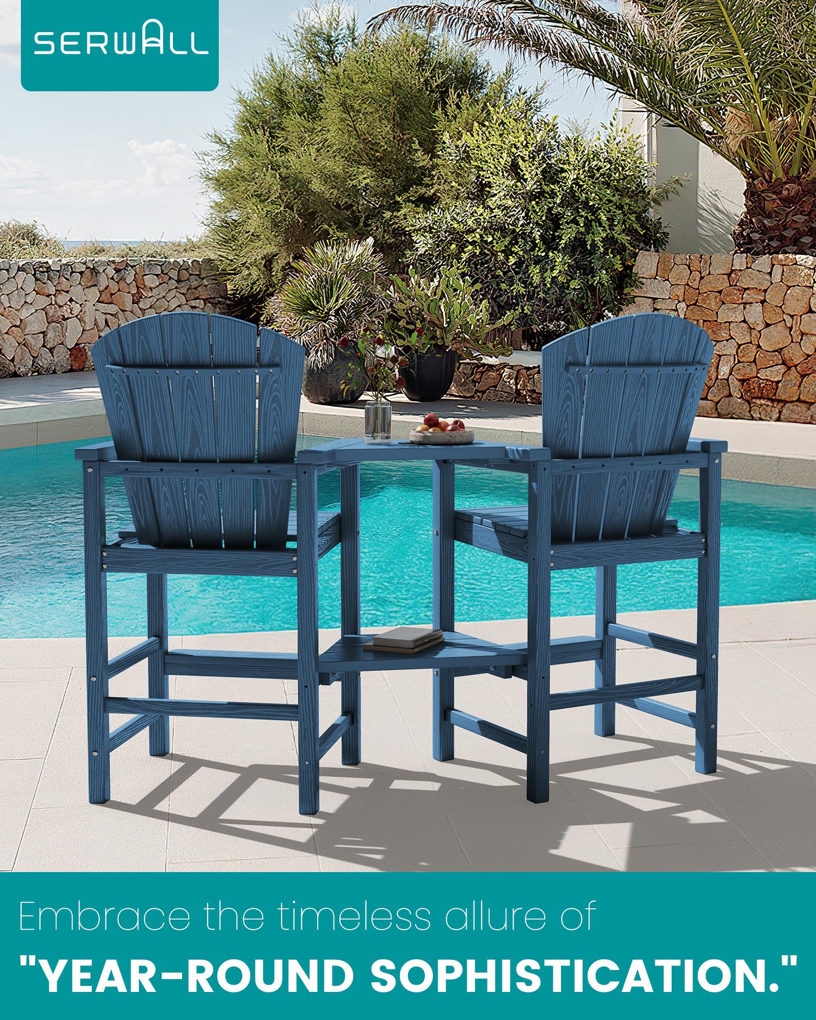 Premium HDPE Tall Adirondack Chairs Set of 2 with Connecting Tray - Wood-Like Bar Height Outdoor Stools for Patio, Deck, Garden & Poolside - Weather-Resistant Blue Outdoor Furniture for Relaxing & Entertaining