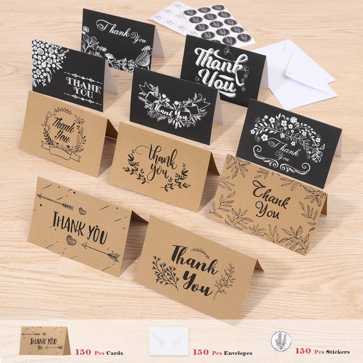 PartyKindom 150 Pack Thank You Cards with Envelopes & Stickers - Bulk Wedding, Baby Shower, Graduation, Teacher Appreciation Cards - Perfect for Small Business, Events & Personal Thank You Notes