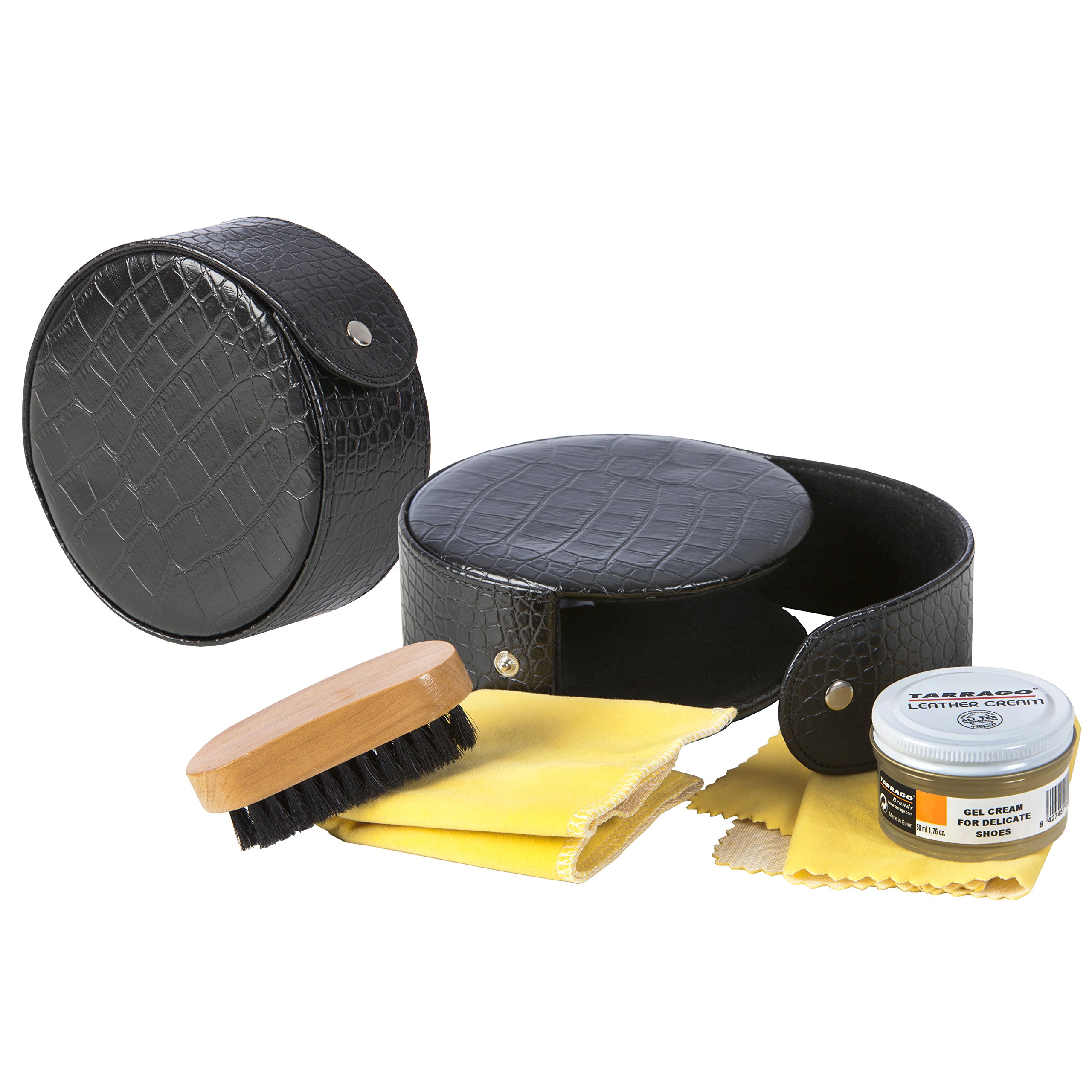 Tarrago Premium Leather Shoe Care Travel Kit - Chamois, Polishing Glove, Brush & Gel Cream for Delicate Leather Shoes | Complete Full-Size Set in Black Case | Perfect for Business Travel, Luxury Shoe Maintenance & On-the-Go Shine