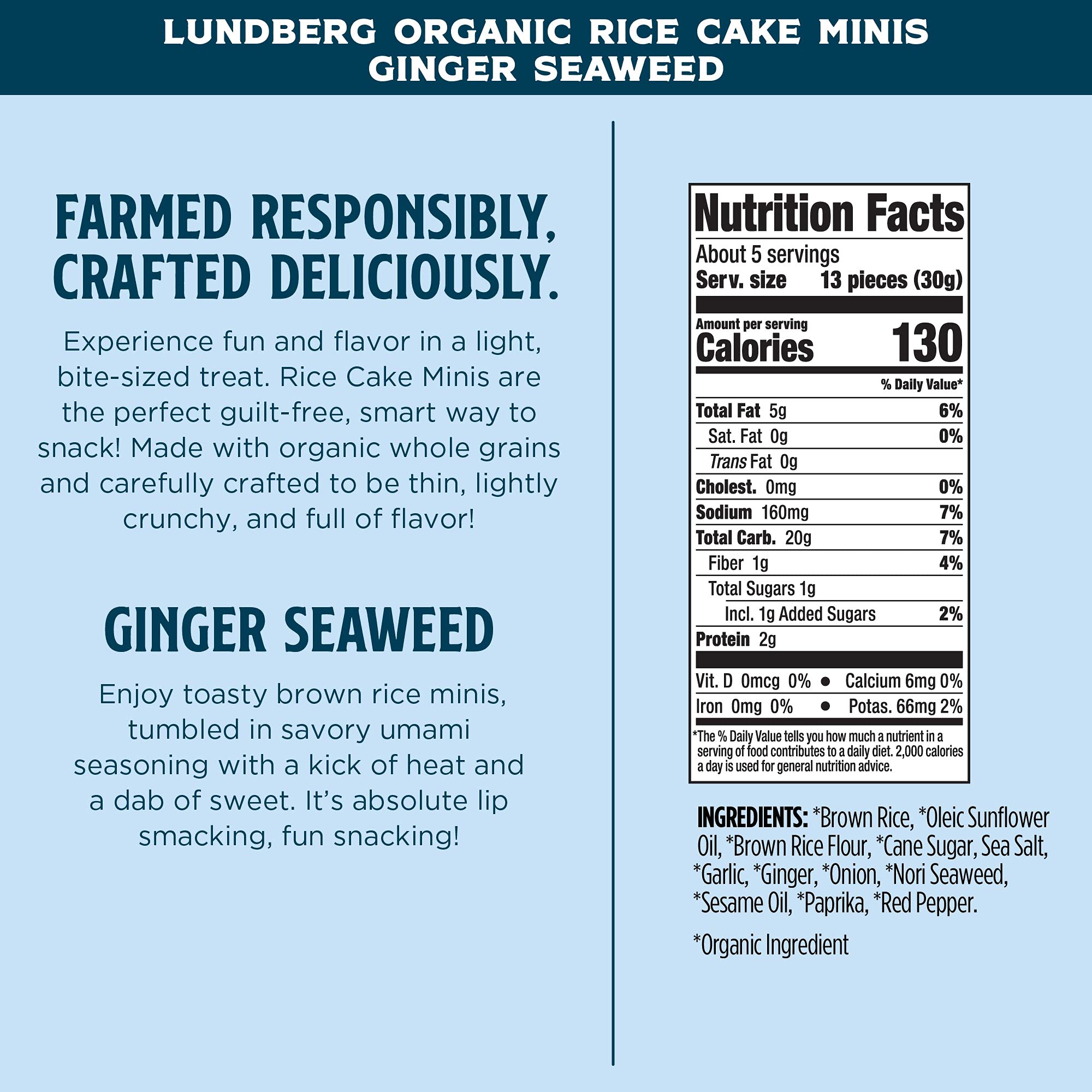 Lundberg Organic Ginger Seaweed Rice Cake Minis, 5oz - Gluten-Free, Vegan, Whole Grain Snacks - USDA Certified Organic & Non-GMO Project Verified - Perfect for Healthy On-the-Go Snacking, Lunchboxes & Keto Diet