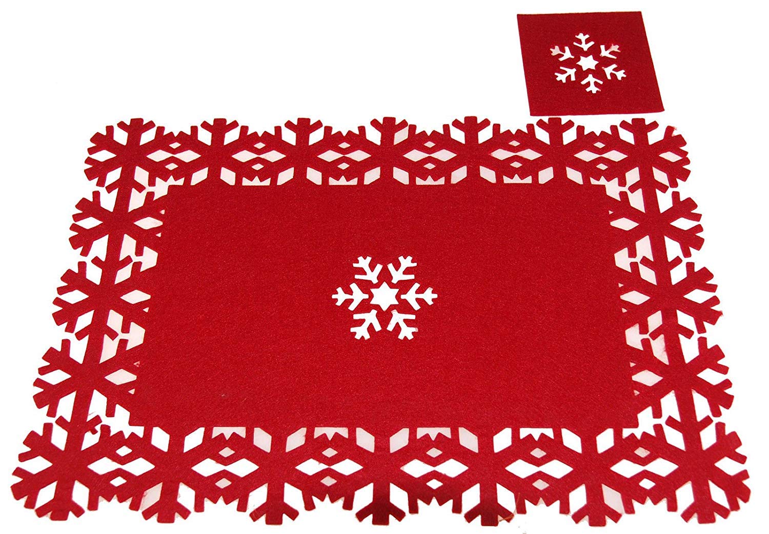 8-Piece Red Felt Christmas Snowflake Placemat and Coaster Set - 4 Holiday Placemats & 4 Festive Coasters for Dining Table Decor, Christmas Party, and Winter Home Decor