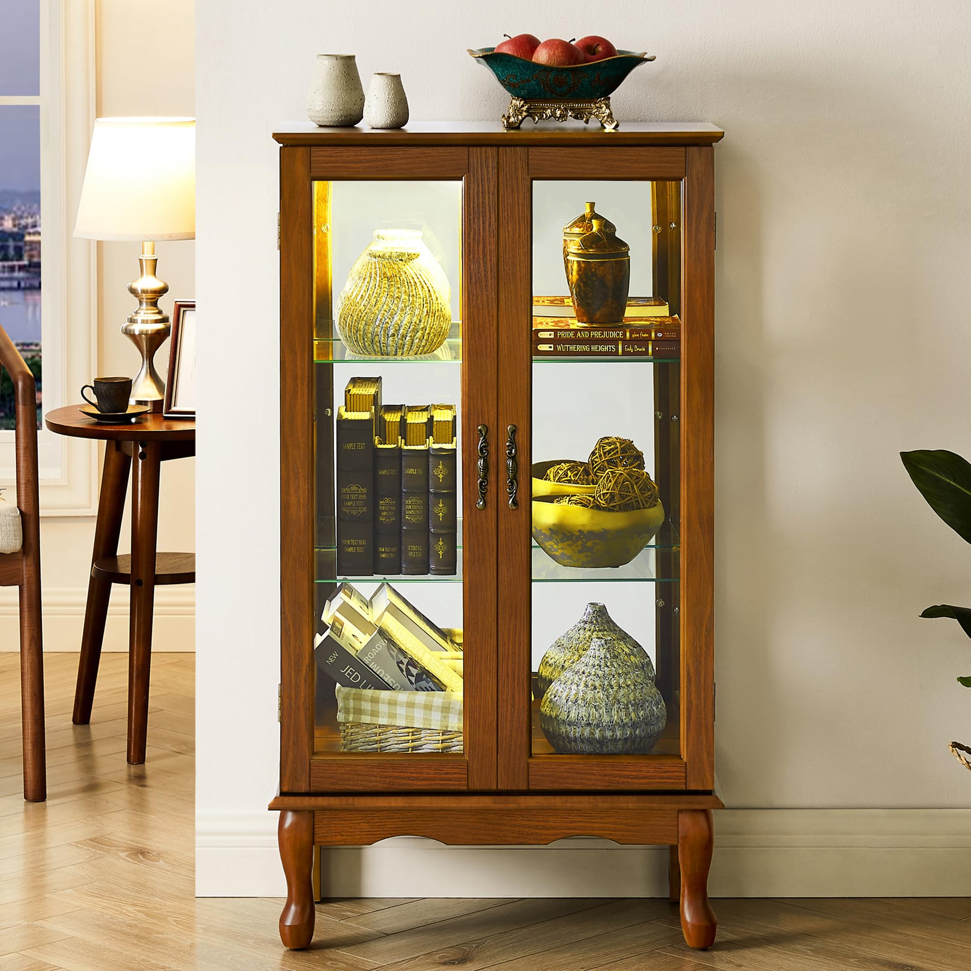 Tuscan Style Wall Mounted Curio Display Cabinet with Adjustable Shelves & Mirrored Back - 3 Tier Oak Wood Storage Cabinet with Tempered Glass Doors (E26 Light Bulb Not Included) - Perfect for Living Room Decor, Dining Room Display & Bedroom Storage