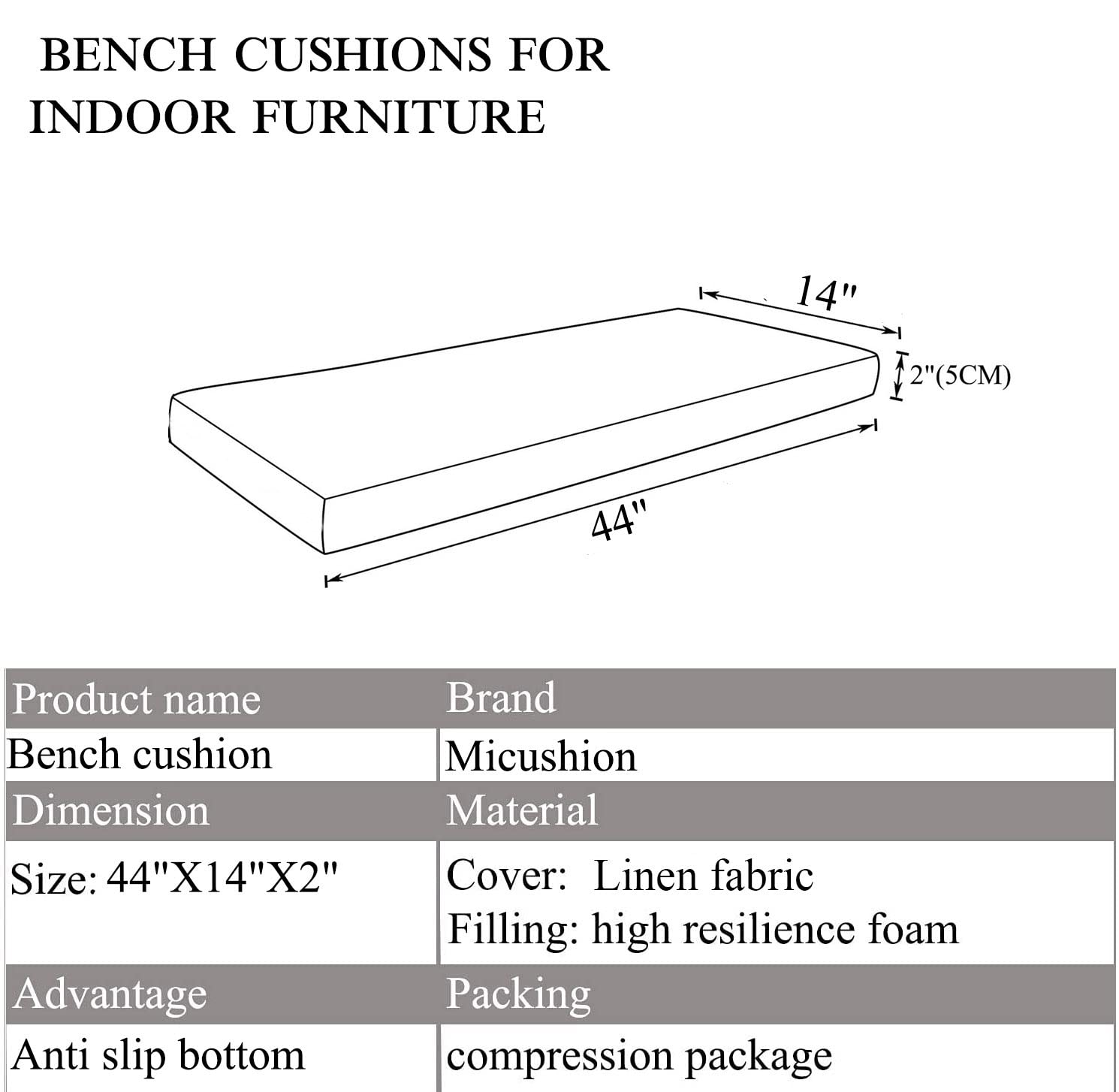 Non-Slip Piano Bench Cushion with Storage Ties - 44x14 Inch Ash Grey Seat Pad for Indoor Piano, Kitchen Dining Table, Picnic Bench - Comfortable & Stylish Home Decor Accessory