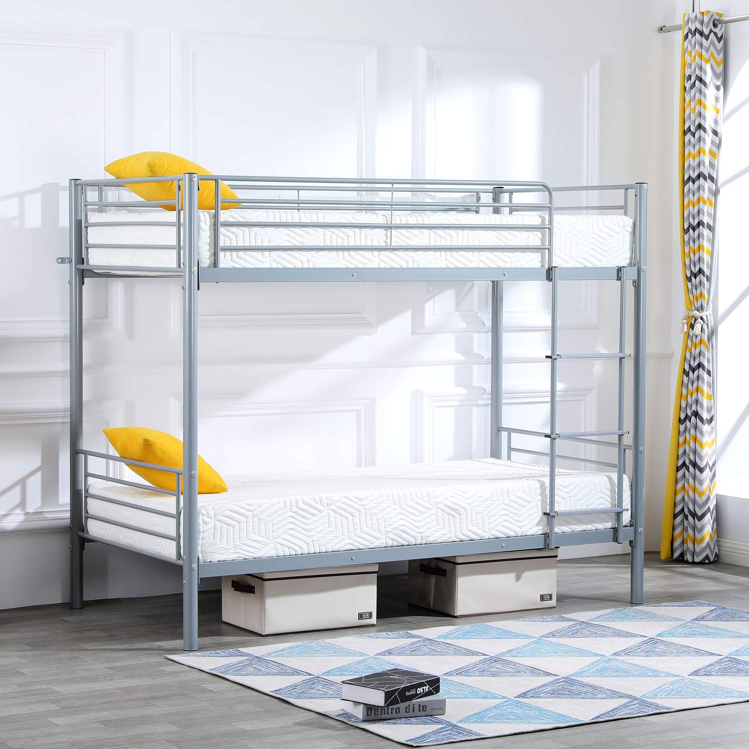 Bonnlo Twin Over Twin Metal Bunk Bed with High Guard Rail & Non-Slip Steps - Heavy Duty Gray Bunk Beds for Kids, Teens & Adults - Perfect for Dorms, Small Bedrooms & Space-Saving Kids' Rooms