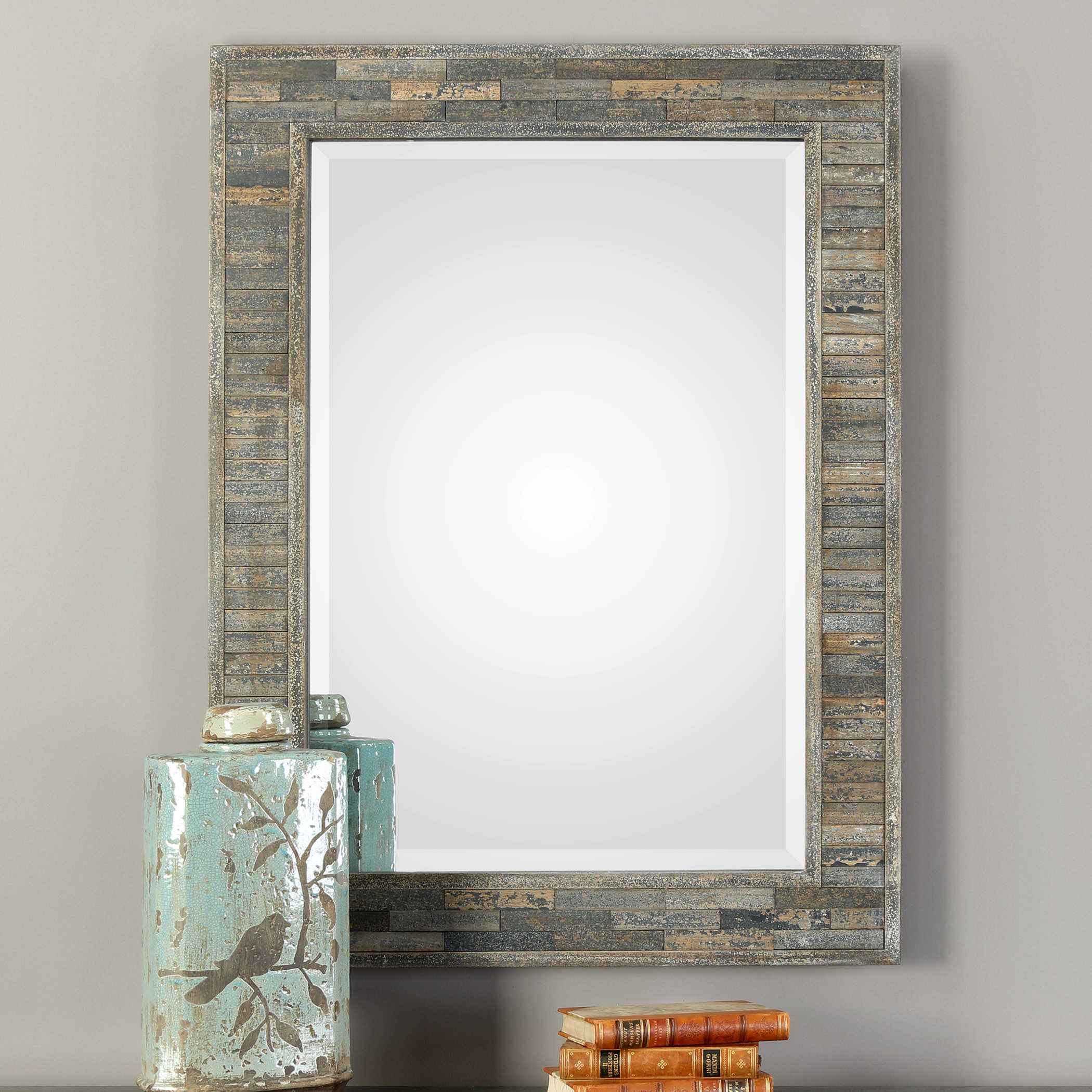 Distressed Weathered Pine Wall Mirror - Farmhouse Rustic Decor for Living Room, Bedroom & Bathroom - Vintage Style Home Accent (2 in Stock)