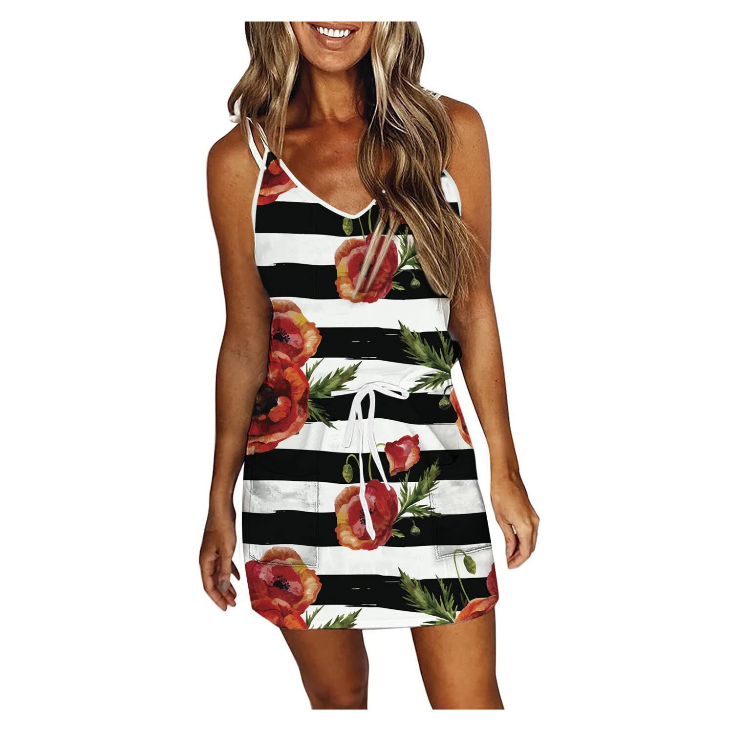 BOXIACEY Women's Summer V-Neck Sleeveless Floral Print Backless Bandage Sundress - Sexy Camisole Cocktail Dress for Beach, Party & Night Out